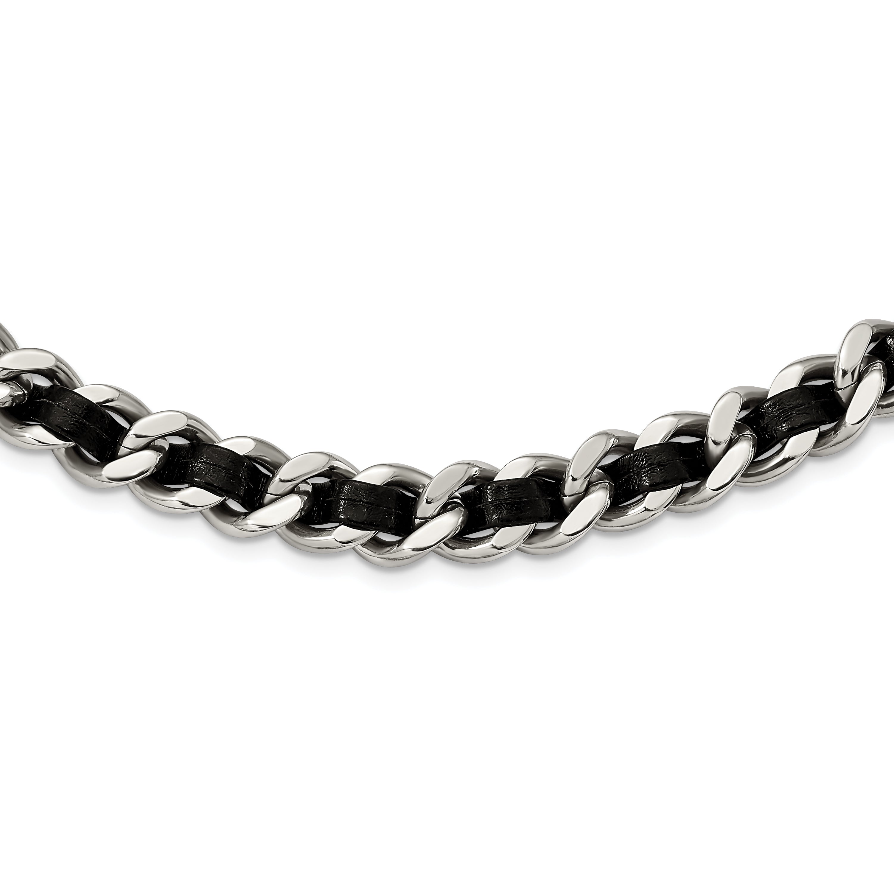 Stainless Steel Polished Black Leather Curb w/2in ext Choker Necklace Main image