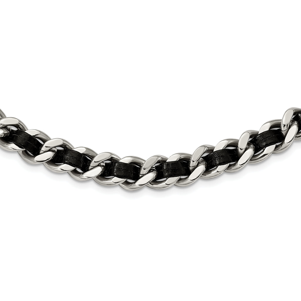 Stainless Steel Polished Black Leather Curb w/2in ext Choker Necklace