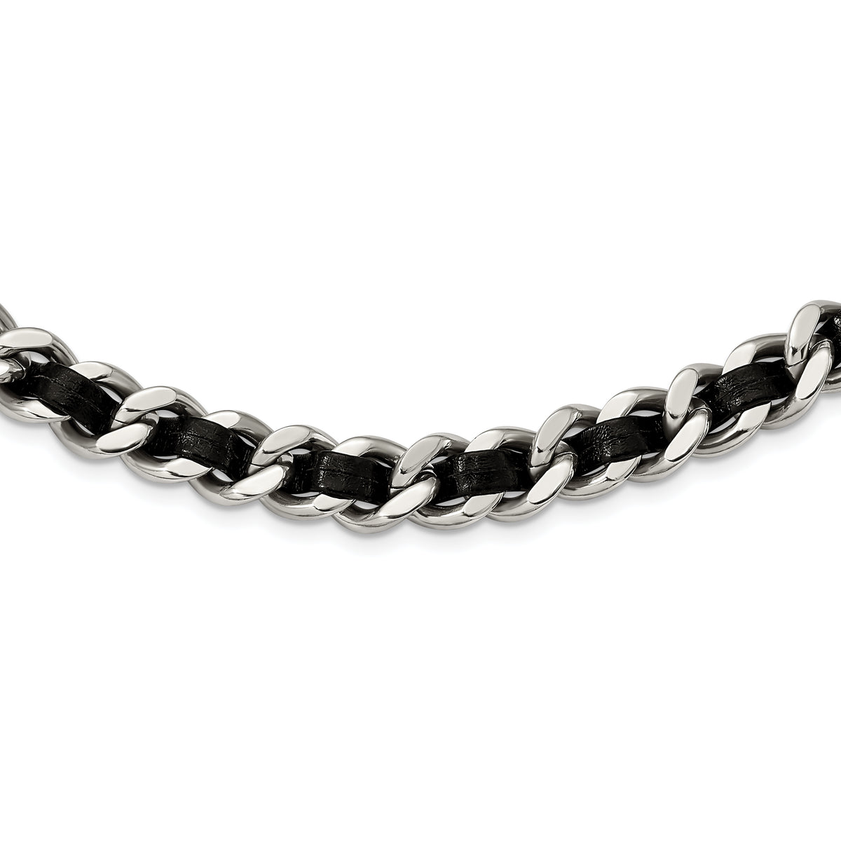 Stainless Steel Polished Black Leather Curb w/2in ext Choker Necklace