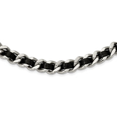 Stainless Steel Polished Black Leather Curb w/2in ext Choker Necklace