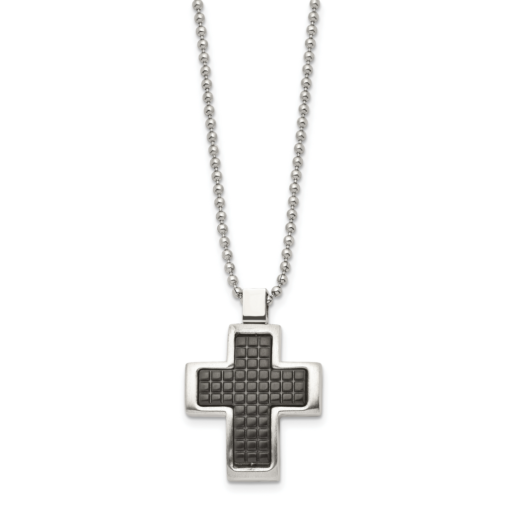 Chisel Stainless Steel Brushed Polished and Textured Black IP-plated Cross Pendant on a 22 inch Ball Chain Necklace