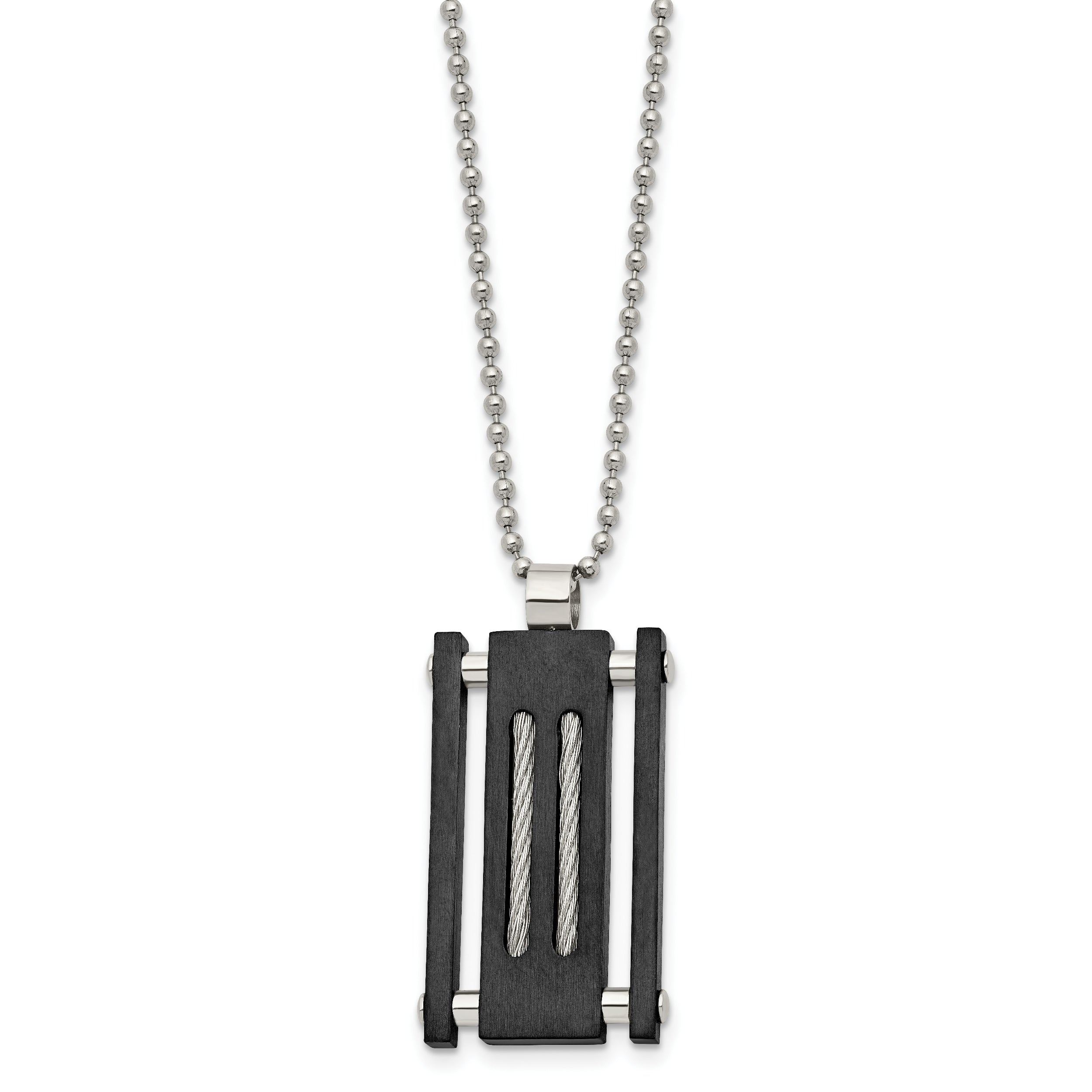 Stainless Steel Brushed & Polished Black IP w/Cable Rectangle Necklace