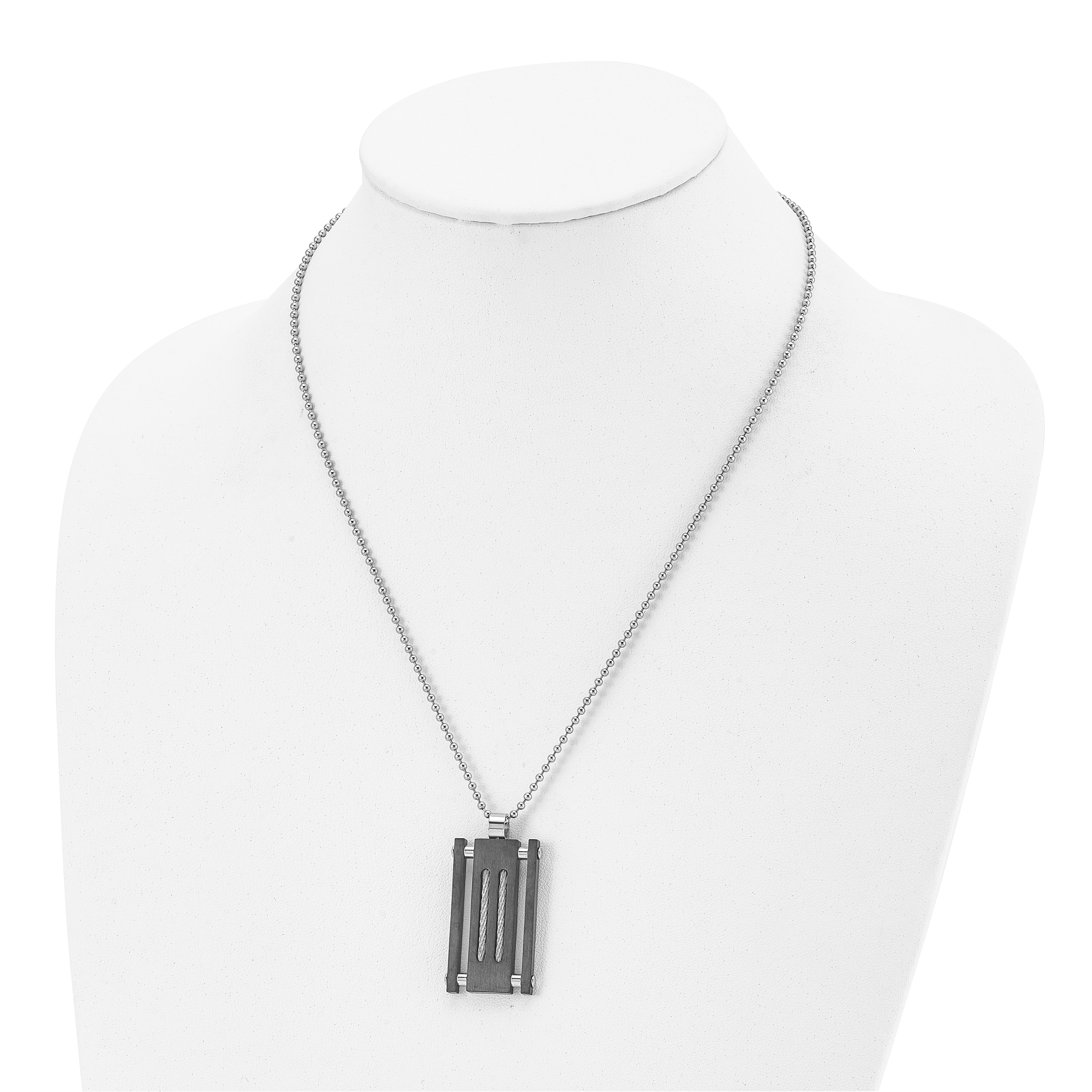 Stainless Steel Brushed & Polished Black IP w/Cable Rectangle Necklace