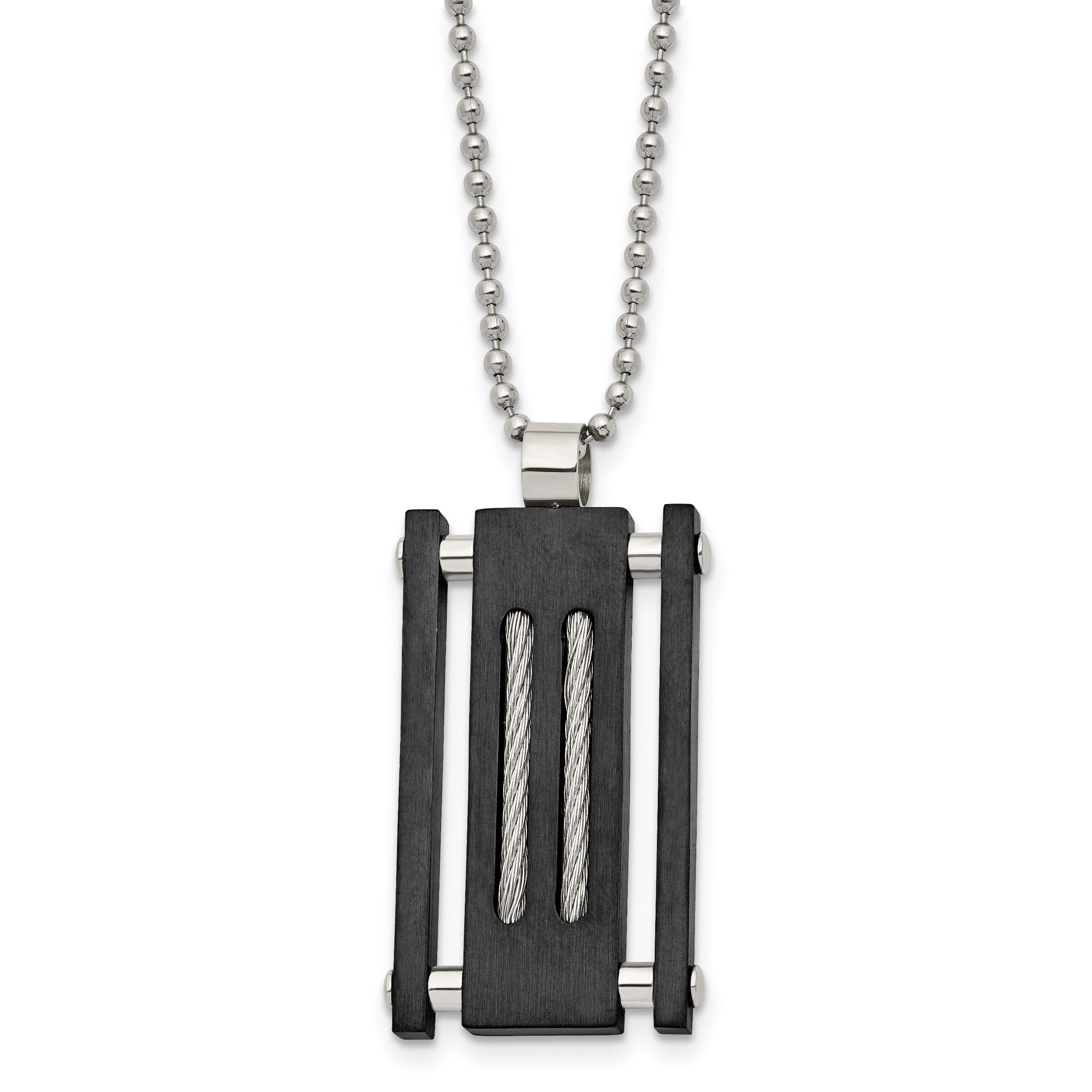 Stainless Steel Brushed & Polished Black IP w/Cable Rectangle Necklace Main image