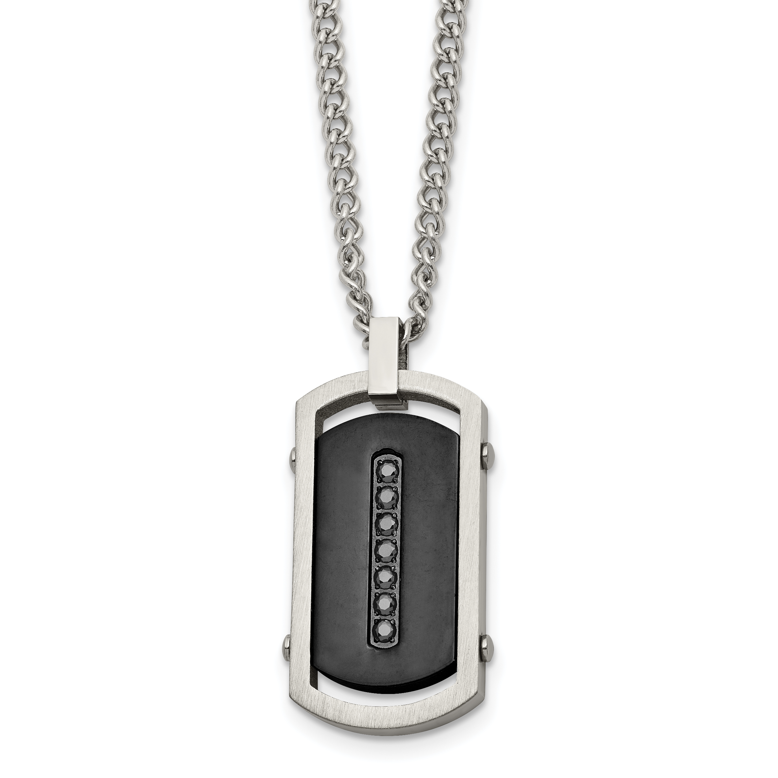 Chisel Stainless Steel Brushed and Polished Black IP-plated Center with Black CZ Dog Tag on a 22 inch Curb Chain Necklace Main image