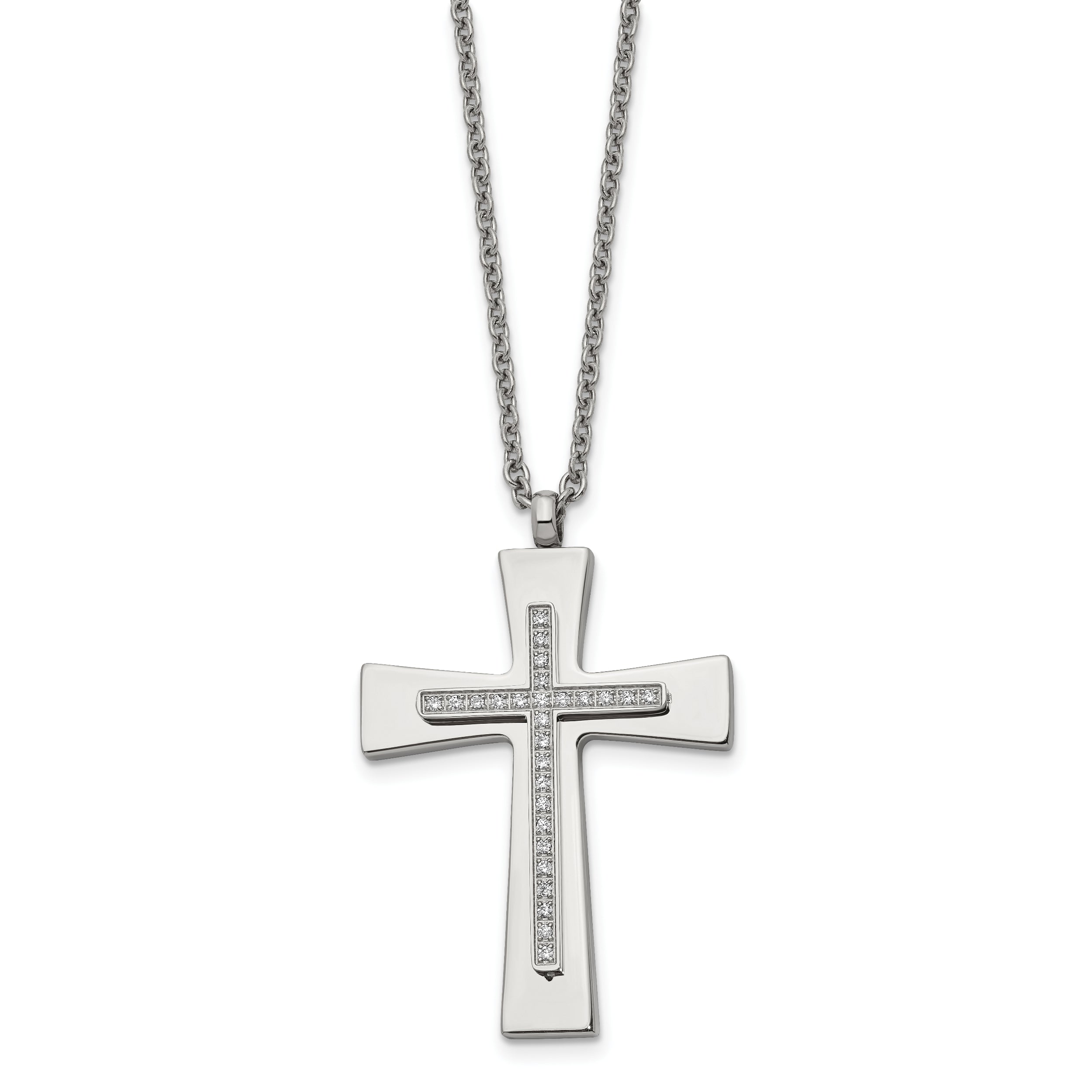Stainless Steel Polished w/CZ Cross 22in Necklace