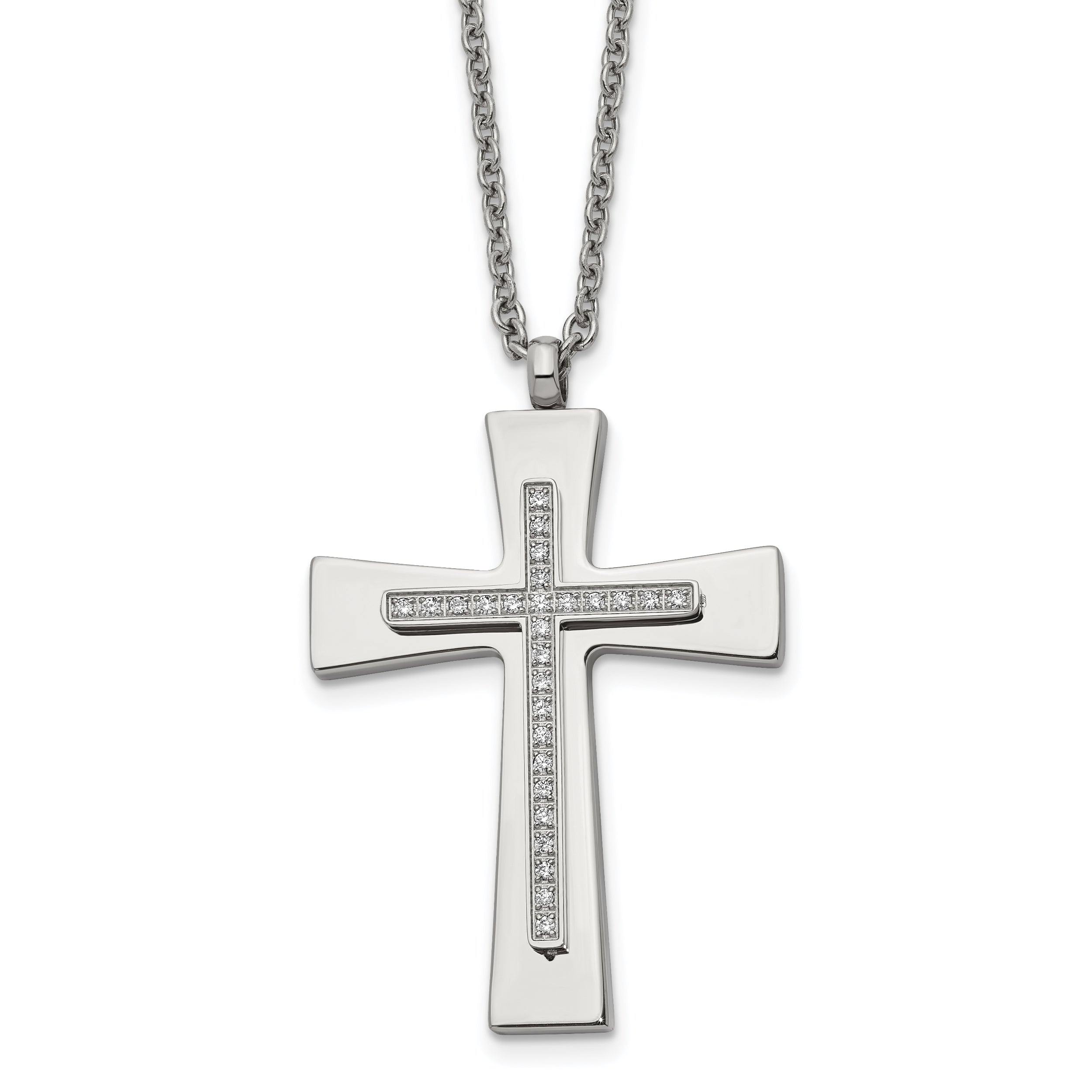 Stainless Steel Polished w/CZ Cross 22in Necklace