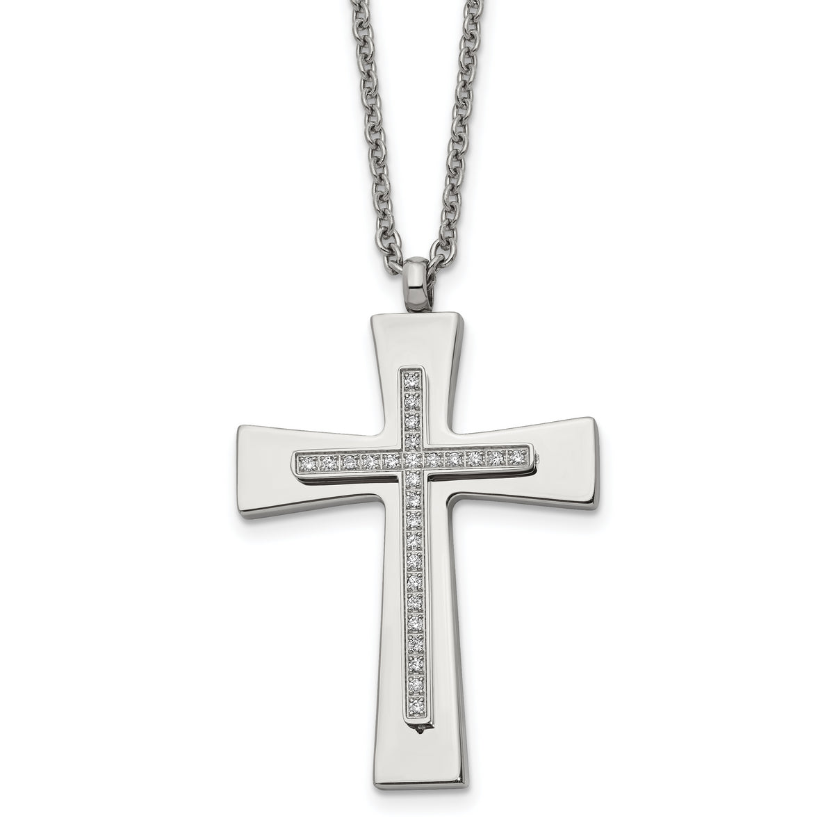 Stainless Steel Polished w/CZ Cross 22in Necklace