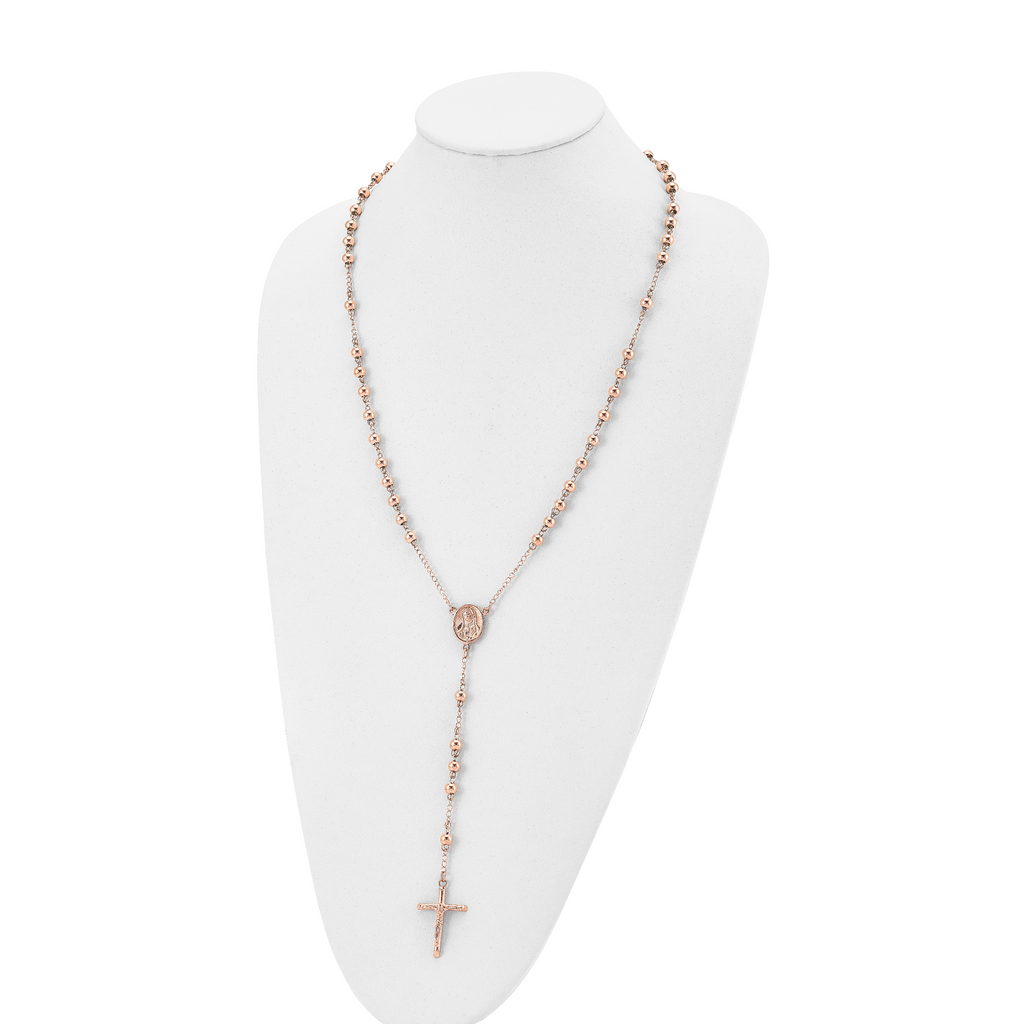 Chisel Stainless Steel Polished Rose IP-plated 30 inch Rosary Necklace