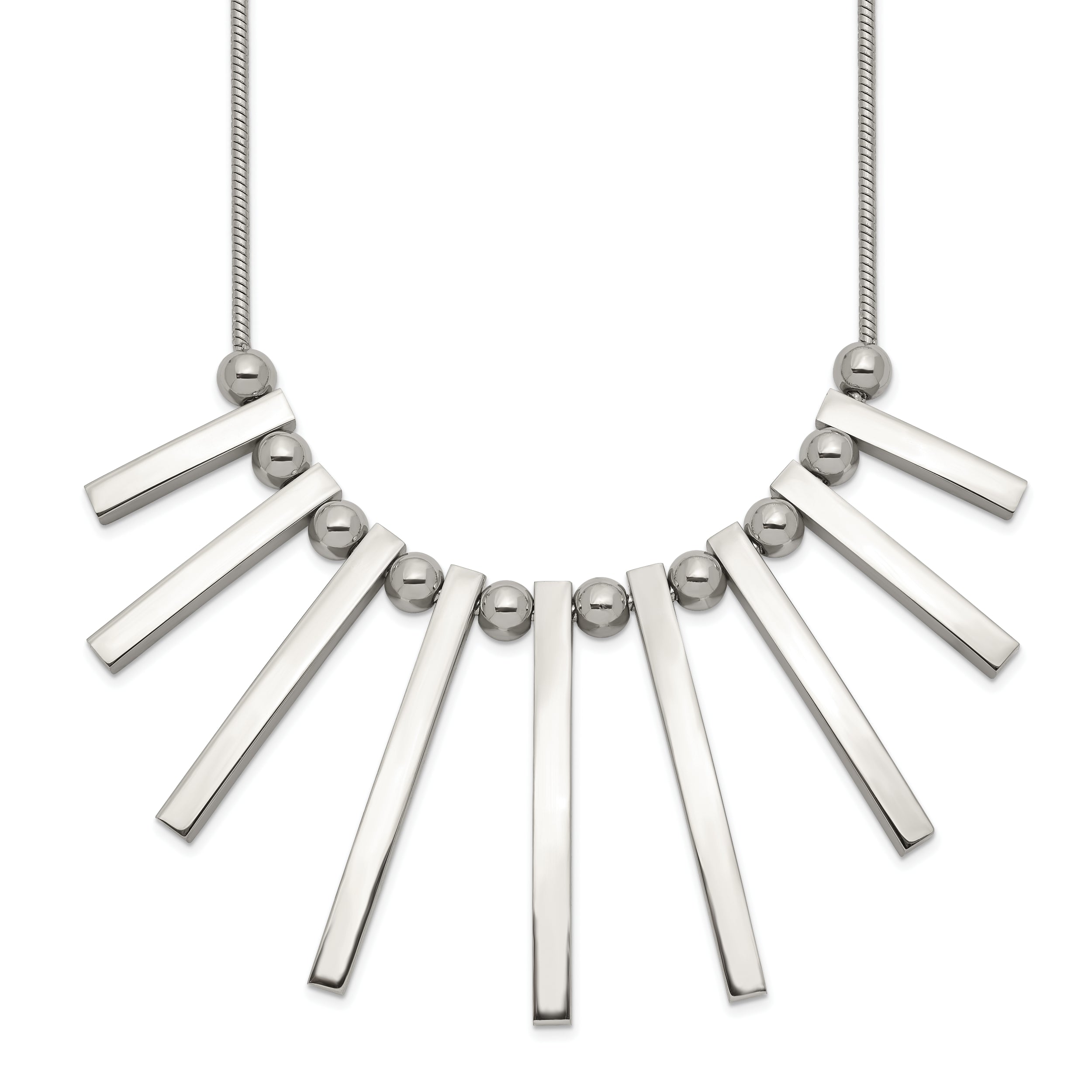 Chisel Stainless Steel Polished Bars and Beads on a 15.75 inch Snake Chain with a 1 inch Extension Necklace