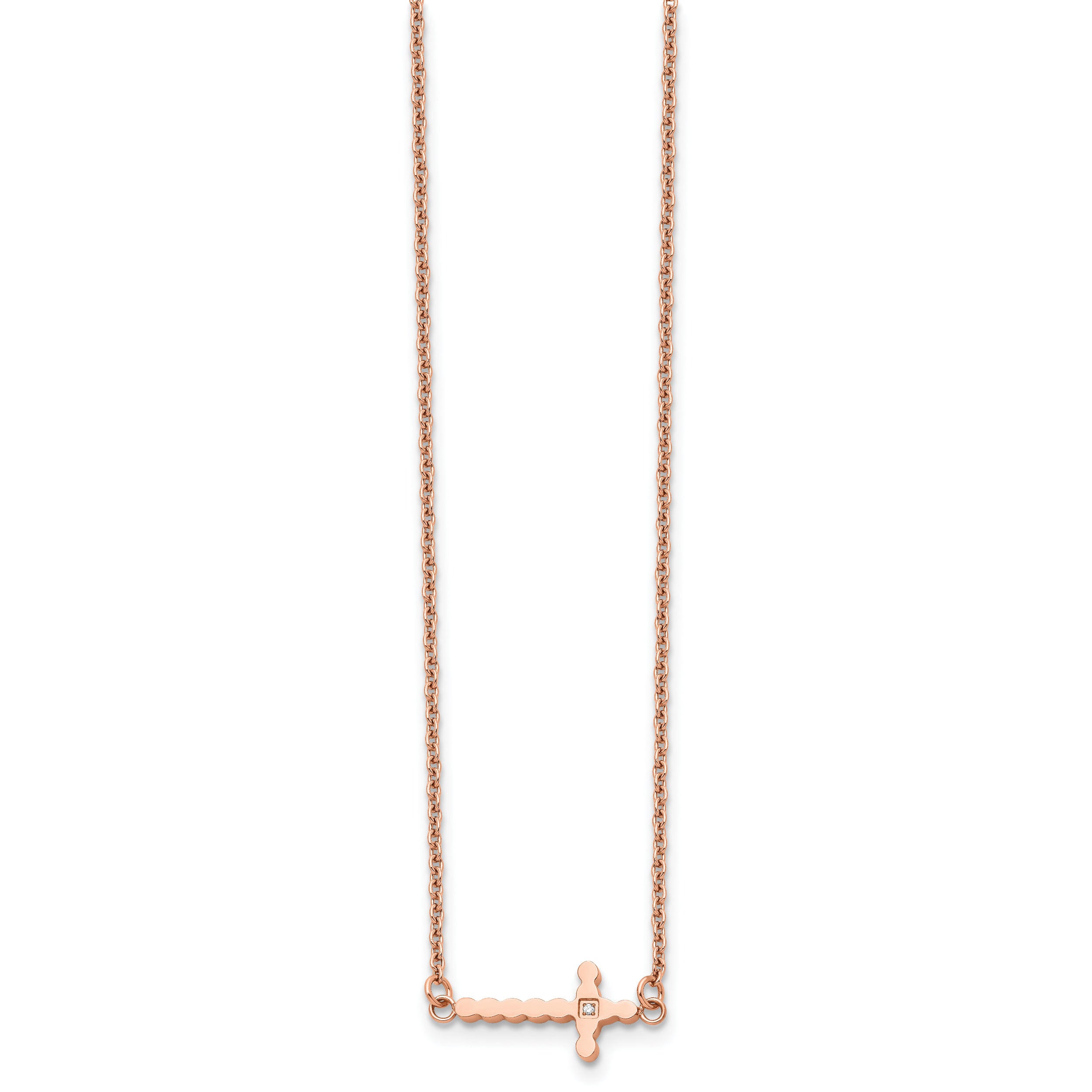 Chisel Stainless Steel Polished Rose IP-plated with CZ Sideways Cross on a 21.25 inch with 4.25in extension Cable Chain Necklace