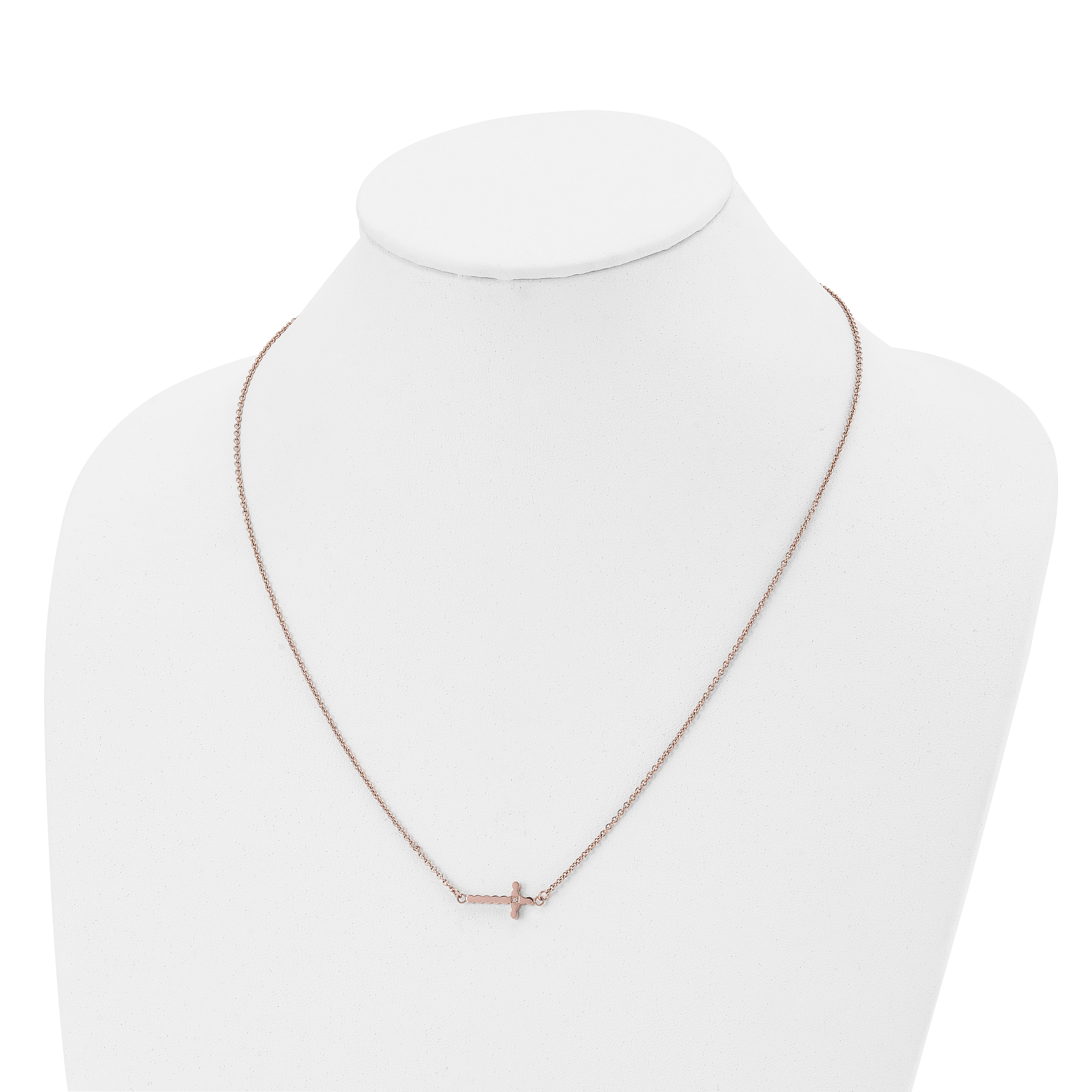 Chisel Stainless Steel Polished Rose IP-plated with CZ Sideways Cross on a 21.25 inch with 4.25in extension Cable Chain Necklace