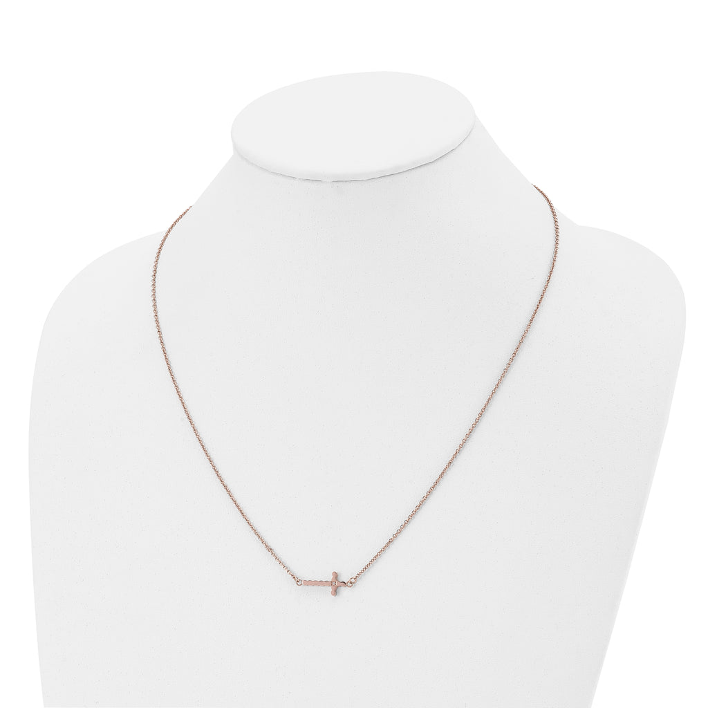 Chisel Stainless Steel Polished Rose IP-plated with CZ Sideways Cross on a 21.25 inch with 4.25in extension Cable Chain Necklace