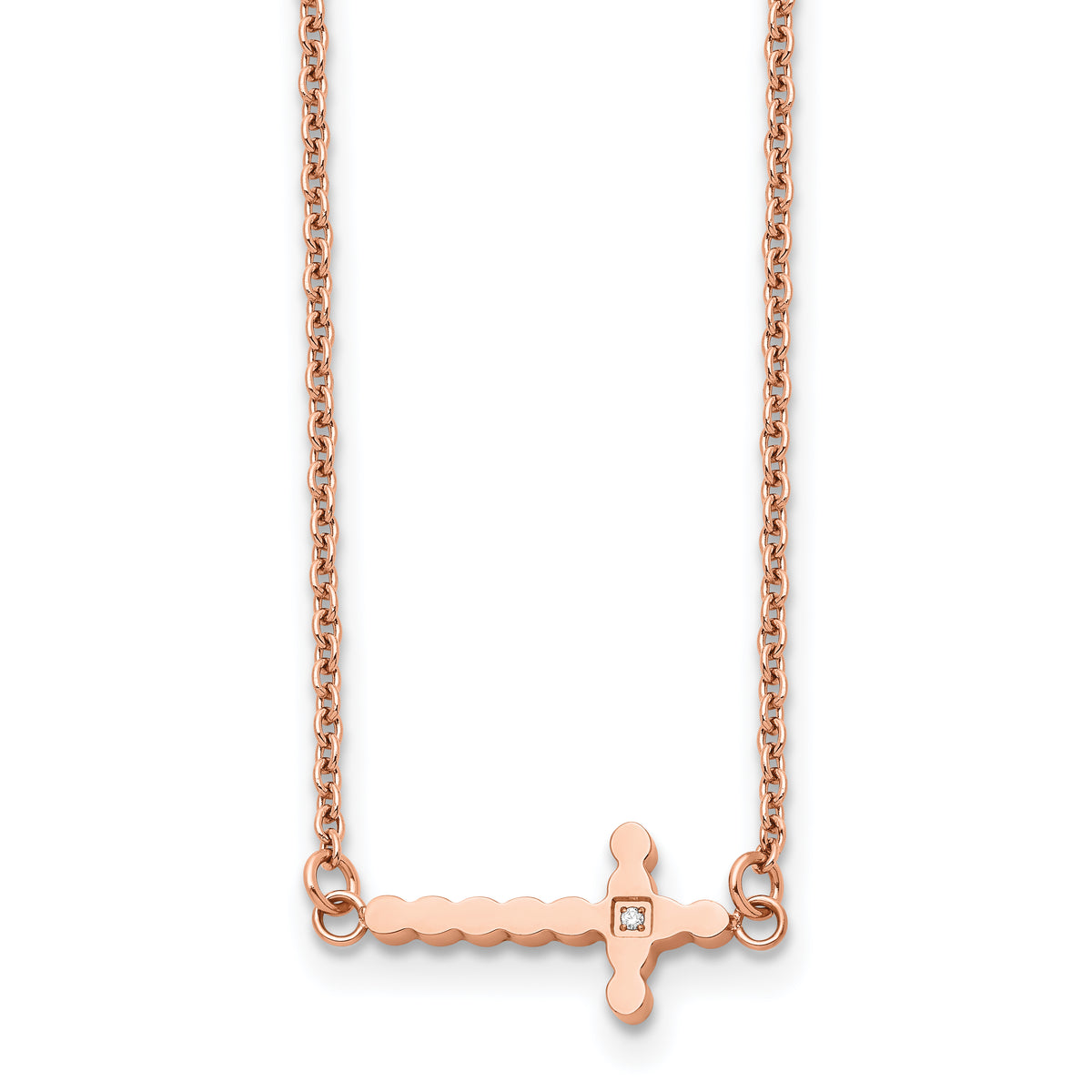 Chisel Stainless Steel Polished Rose IP-plated with CZ Sideways Cross on a 21.25 inch with 4.25in extension Cable Chain Necklace