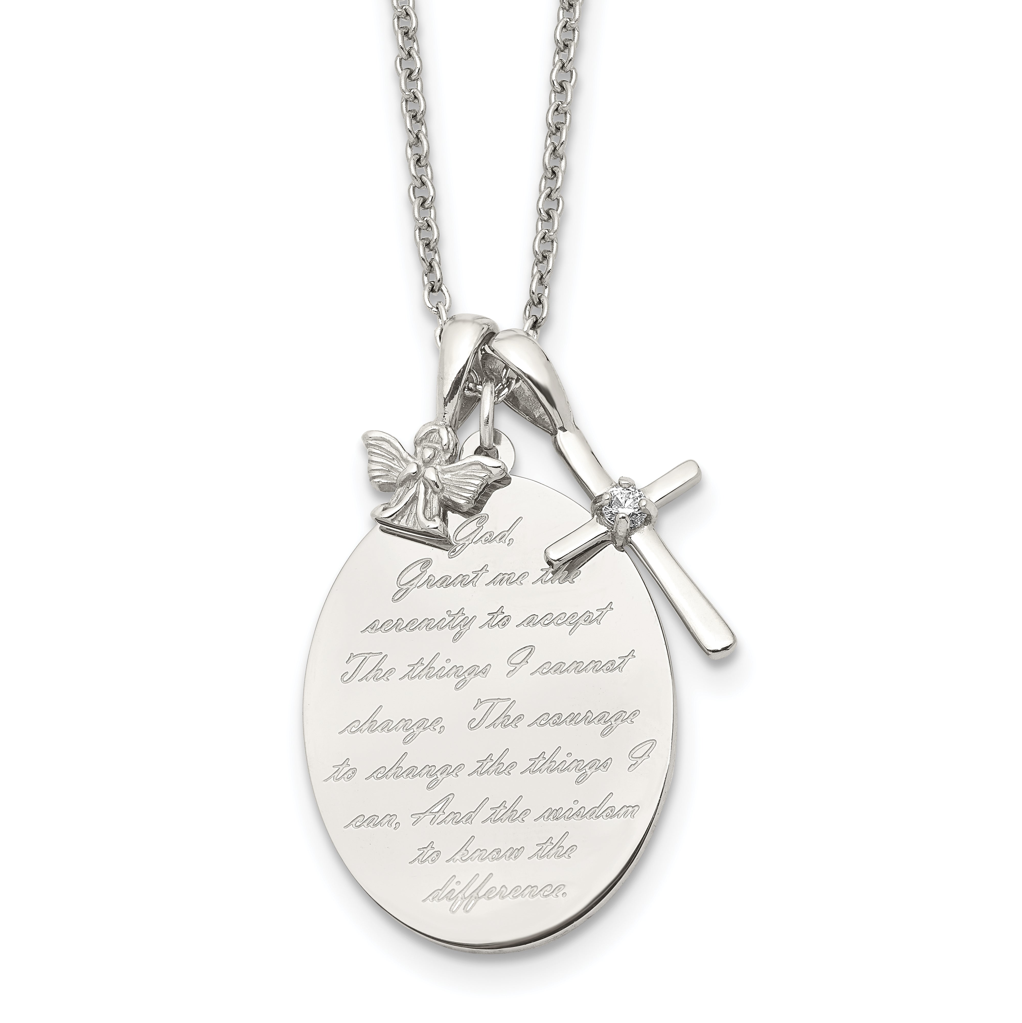 Chisel Stainless Steel Polished French Serenity Prayer with CZ Cross and Angel Pendants on an 18 inch Plus a 2 inch Extension Cable Chain Necklace Main image