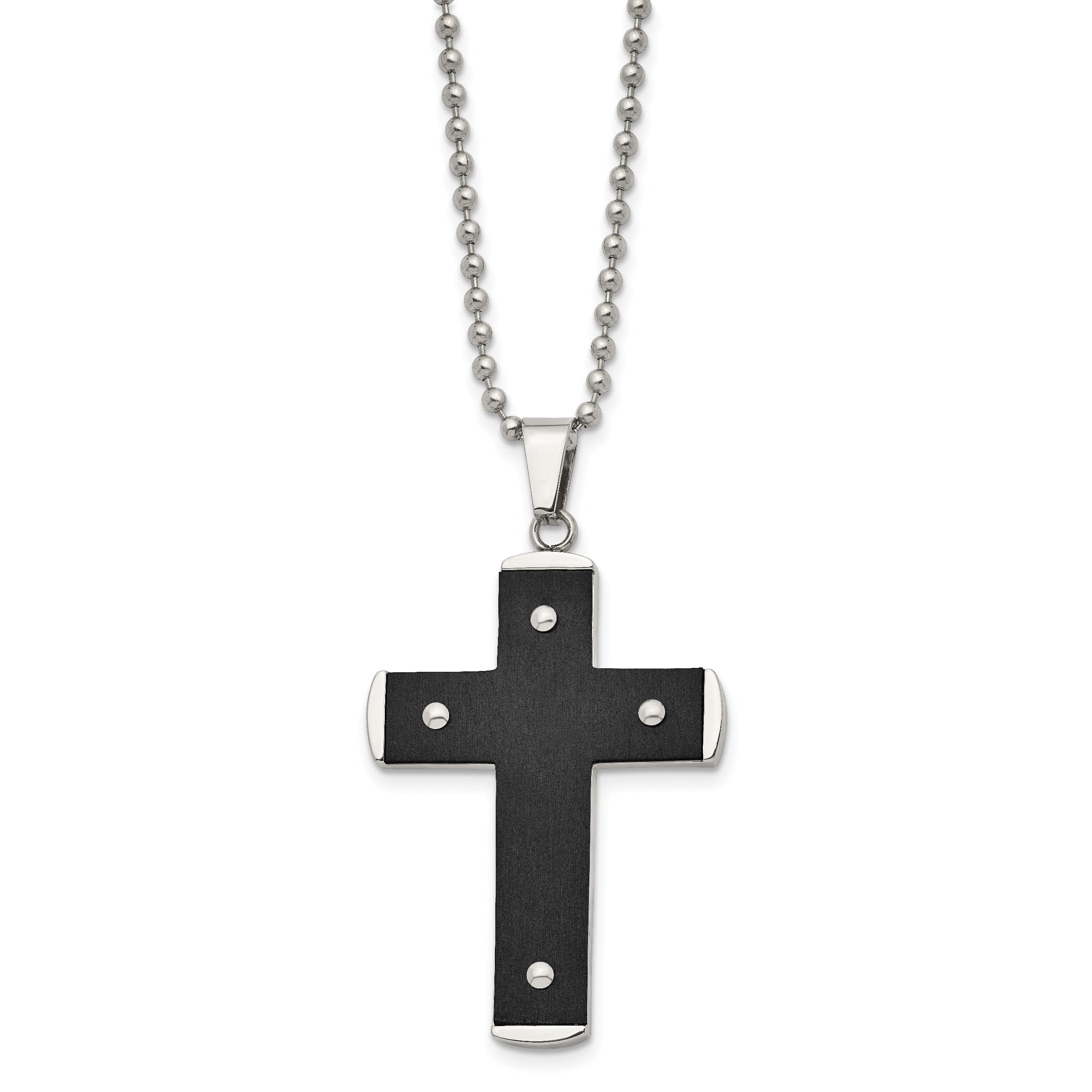 Stainless Steel Brushed and Polished Black IP-plated Cross 22in Necklace