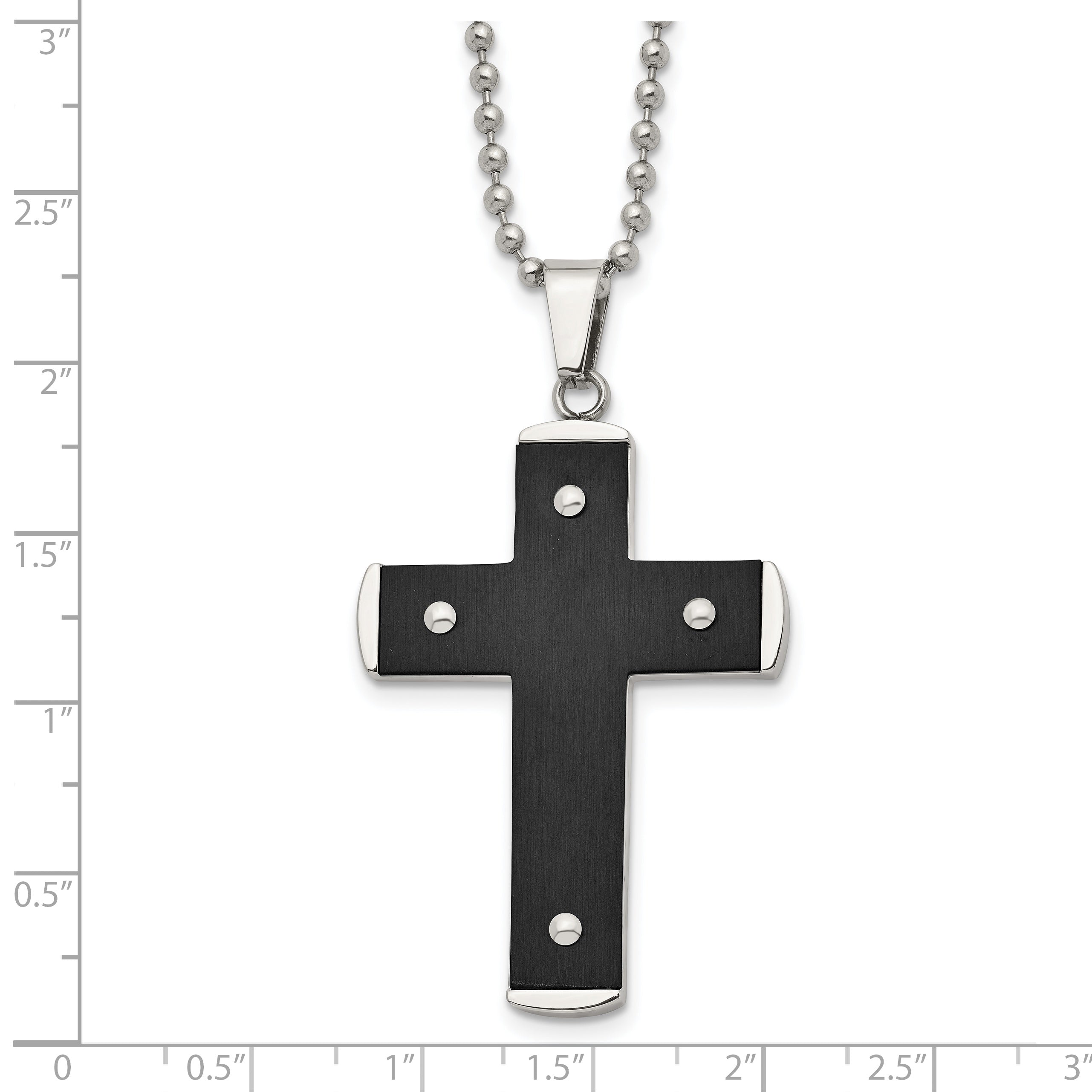 Stainless Steel Brushed and Polished Black IP-plated Cross 22in Necklace
