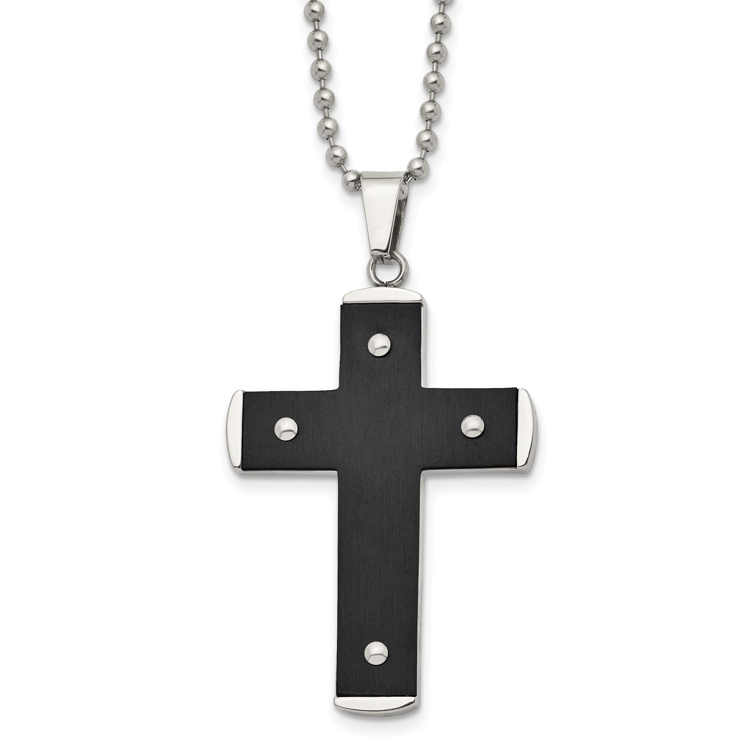 Stainless Steel Brushed and Polished Black IP-plated Cross 22in Necklace