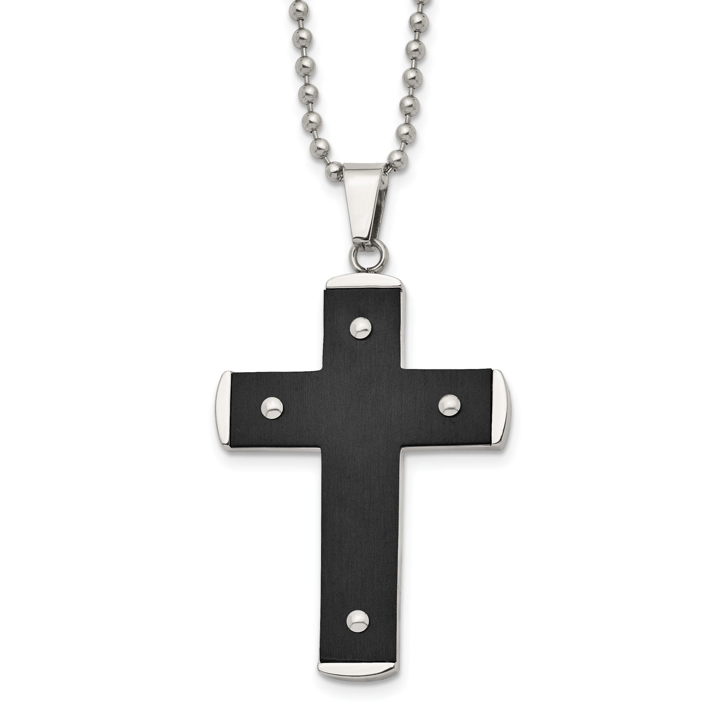 Stainless Steel Brushed and Polished Black IP-plated Cross 22in Necklace Main image