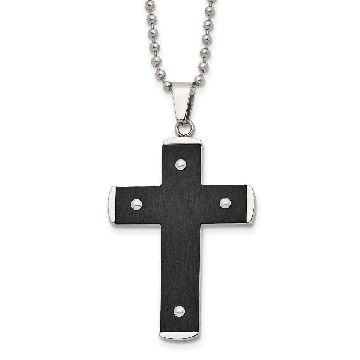 Stainless Steel Brushed and Polished Black IP-plated Cross 22in Necklace