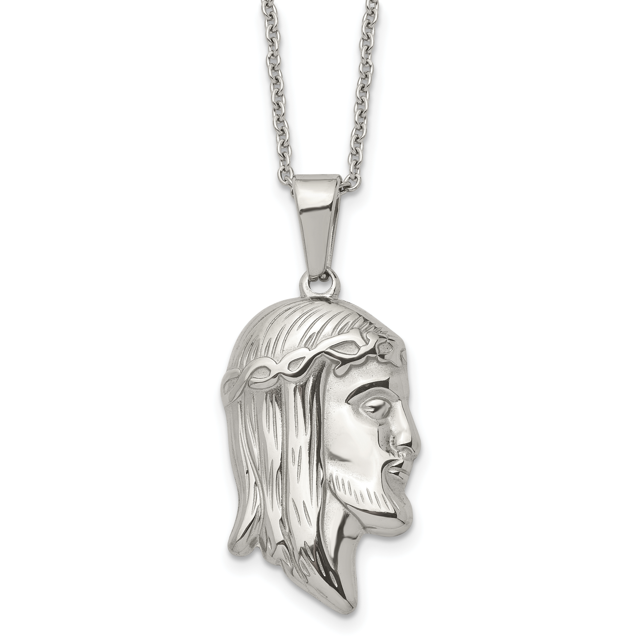 Chisel Stainless Steel Polished Jesus Silhouette Pendant on a 22 inch Cable Chain Necklace