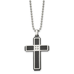 Stainless Steel Polished Black IP-plated Solid Carbon Fiber Cross Necklace