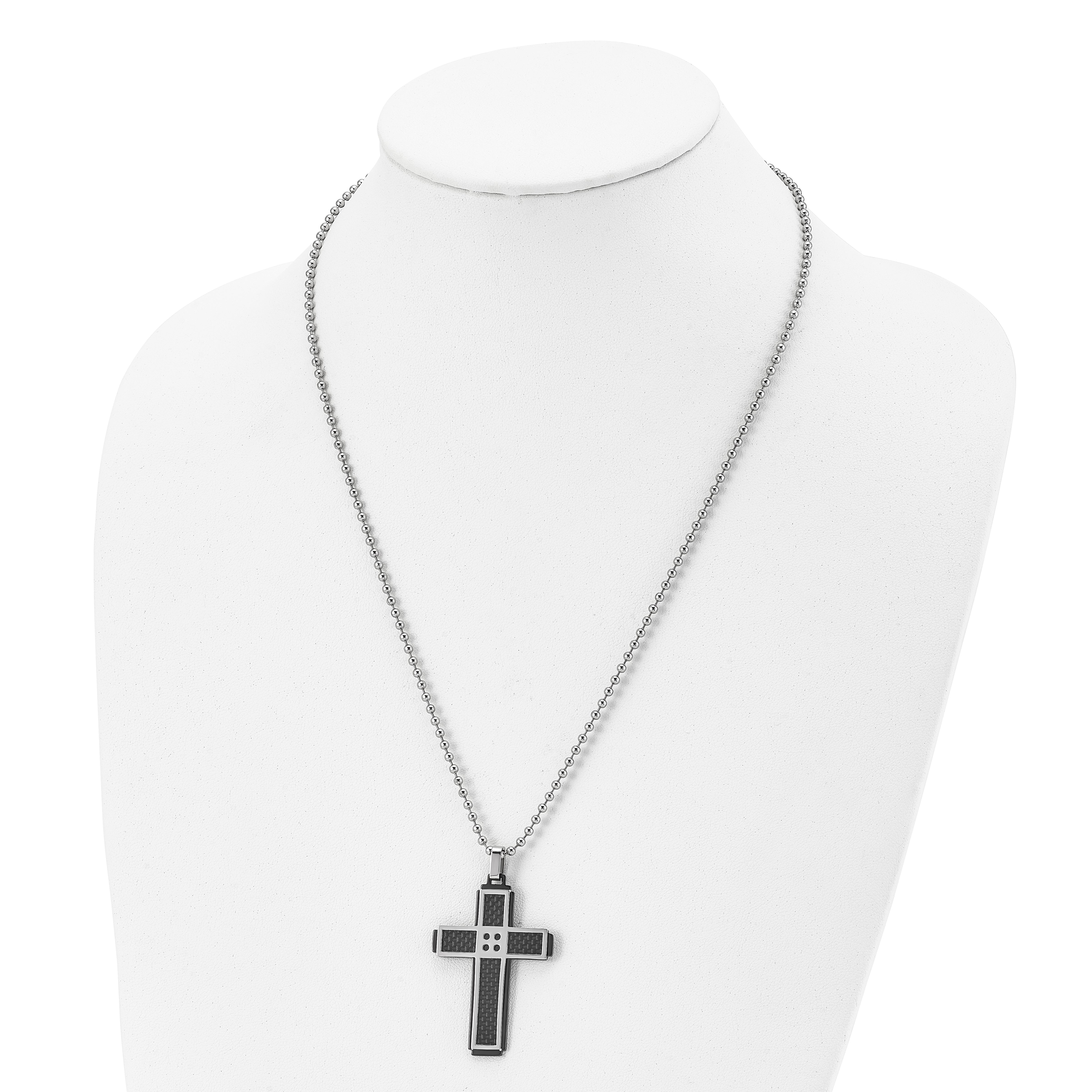 Stainless Steel Polished Black IP-plated Solid Carbon Fiber Cross Necklace