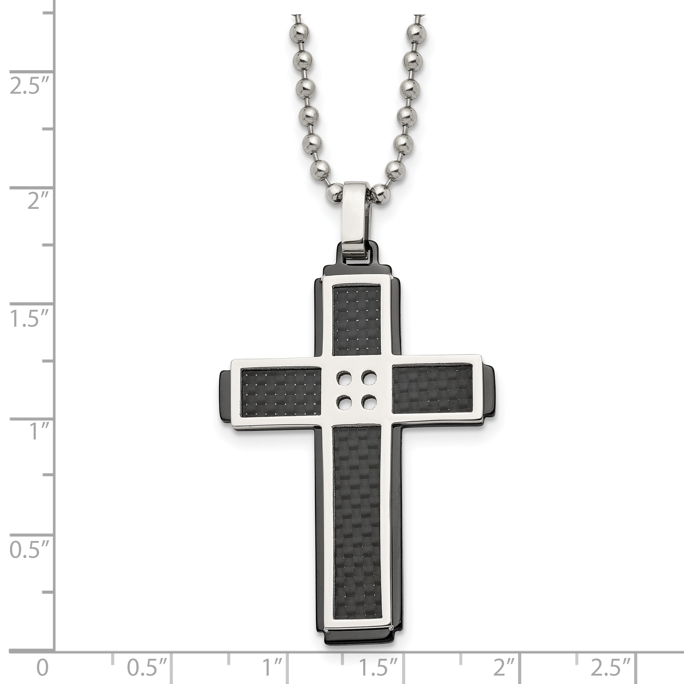 Stainless Steel Polished Black IP-plated Solid Carbon Fiber Cross Necklace