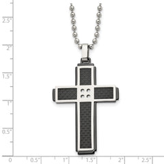 Stainless Steel Polished Black IP-plated Solid Carbon Fiber Cross Necklace