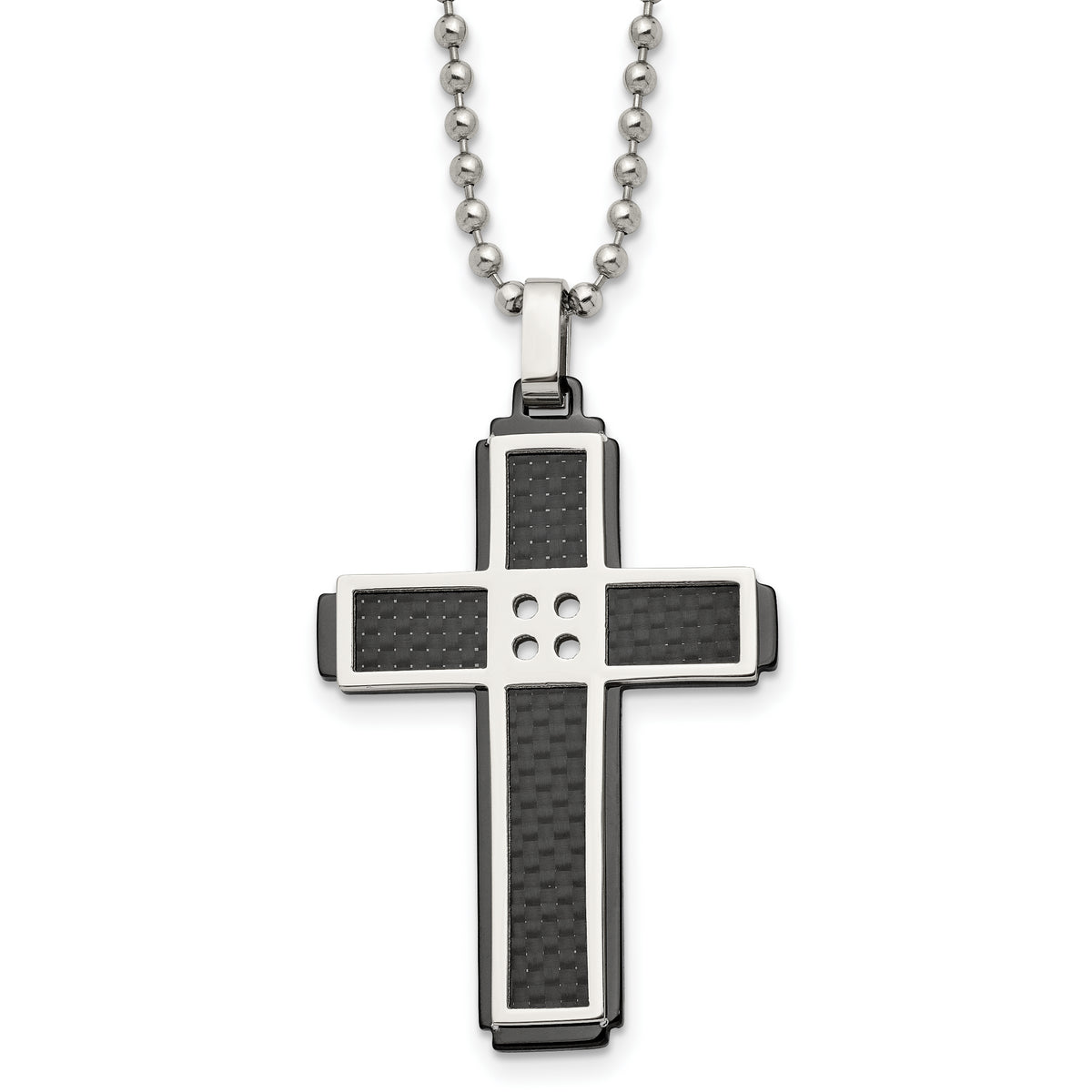 Stainless Steel Polished Black IP-plated Solid Carbon Fiber Cross Necklace