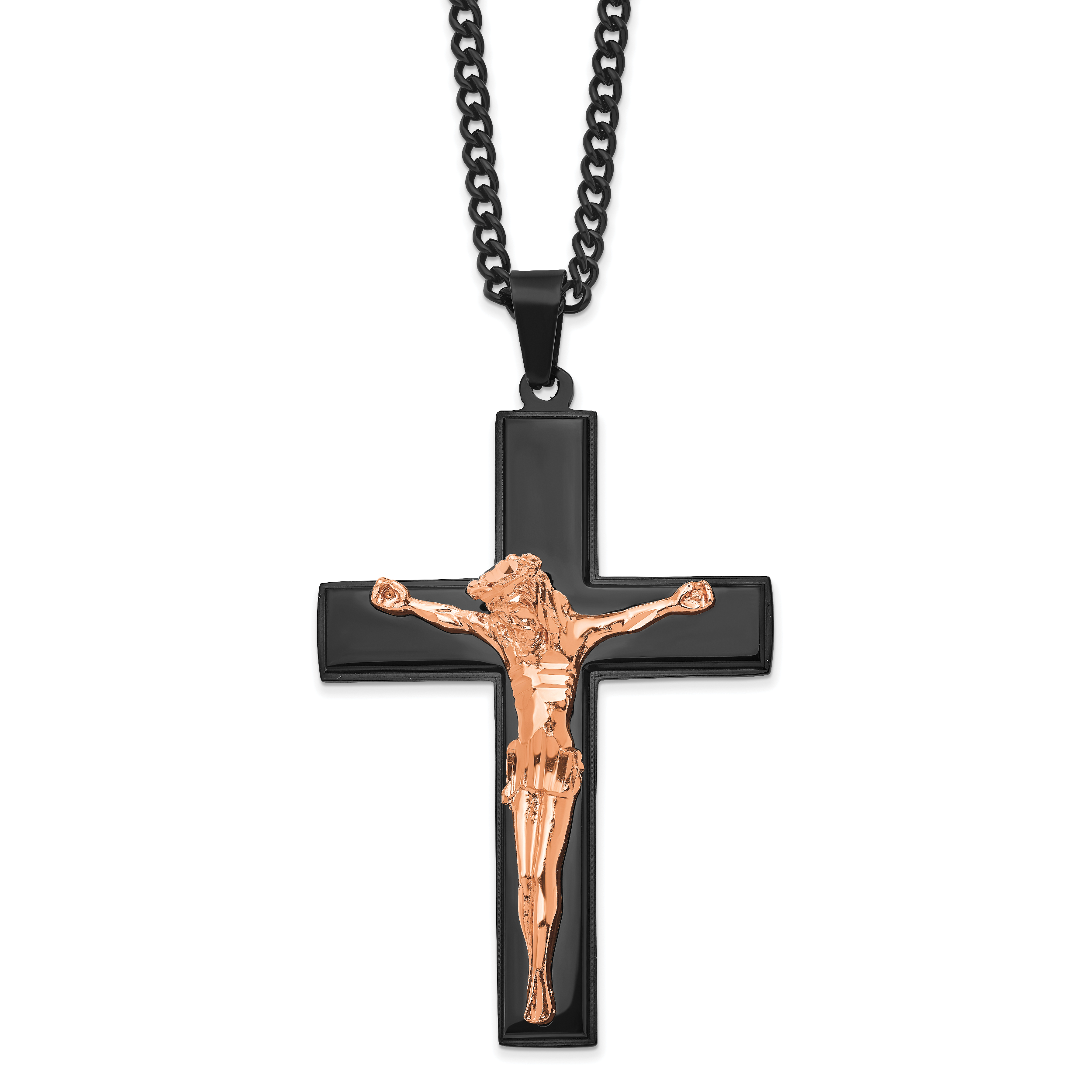 Chisel Stainless Steel Polished Black and Rose IP-plated Crucifix Pendant on a 24 inch Curb Chain Necklace Main image