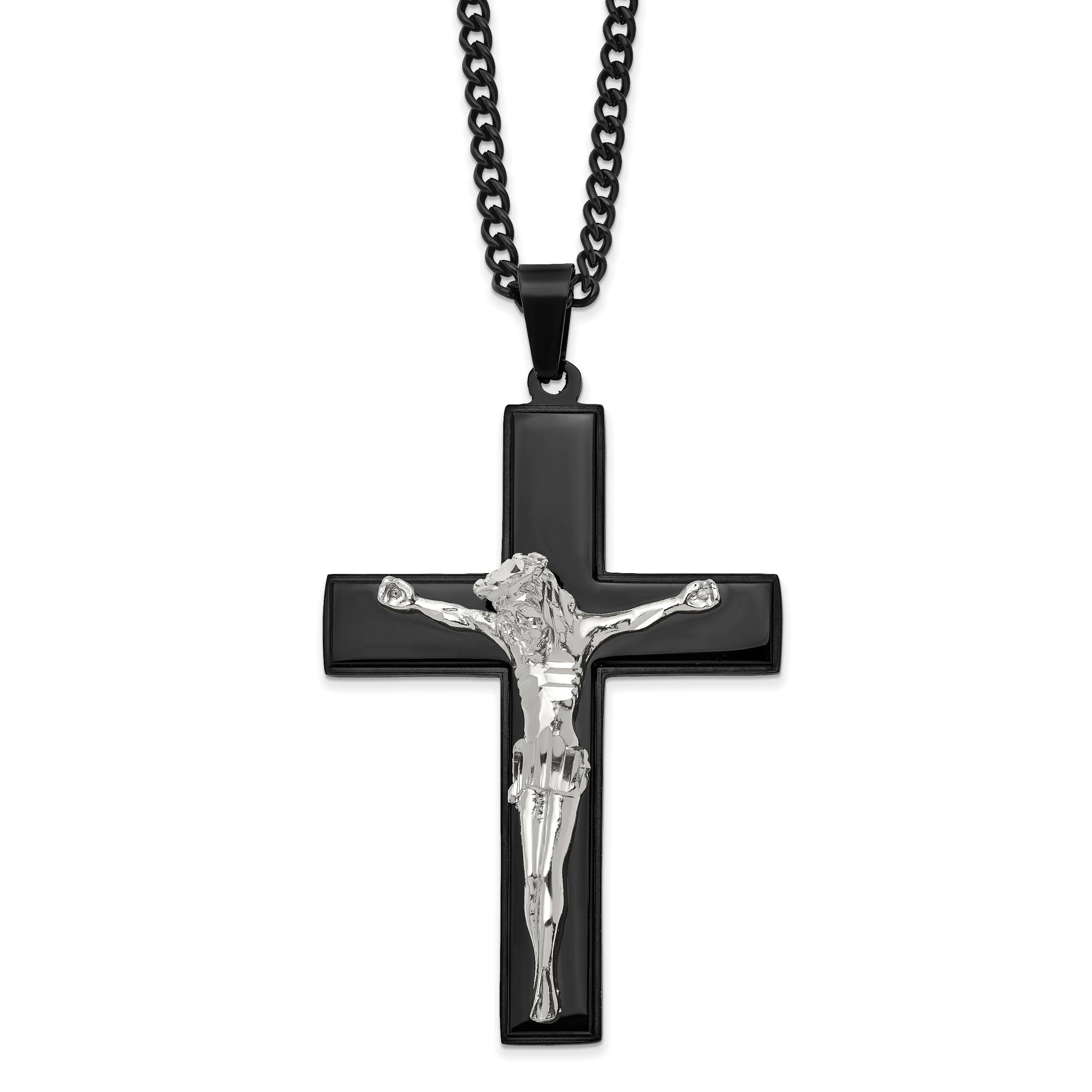 Chisel Stainless Steel Polished Black IP-plated Crucifix Pendant on a 24 inch Curb Chain Necklace Main image