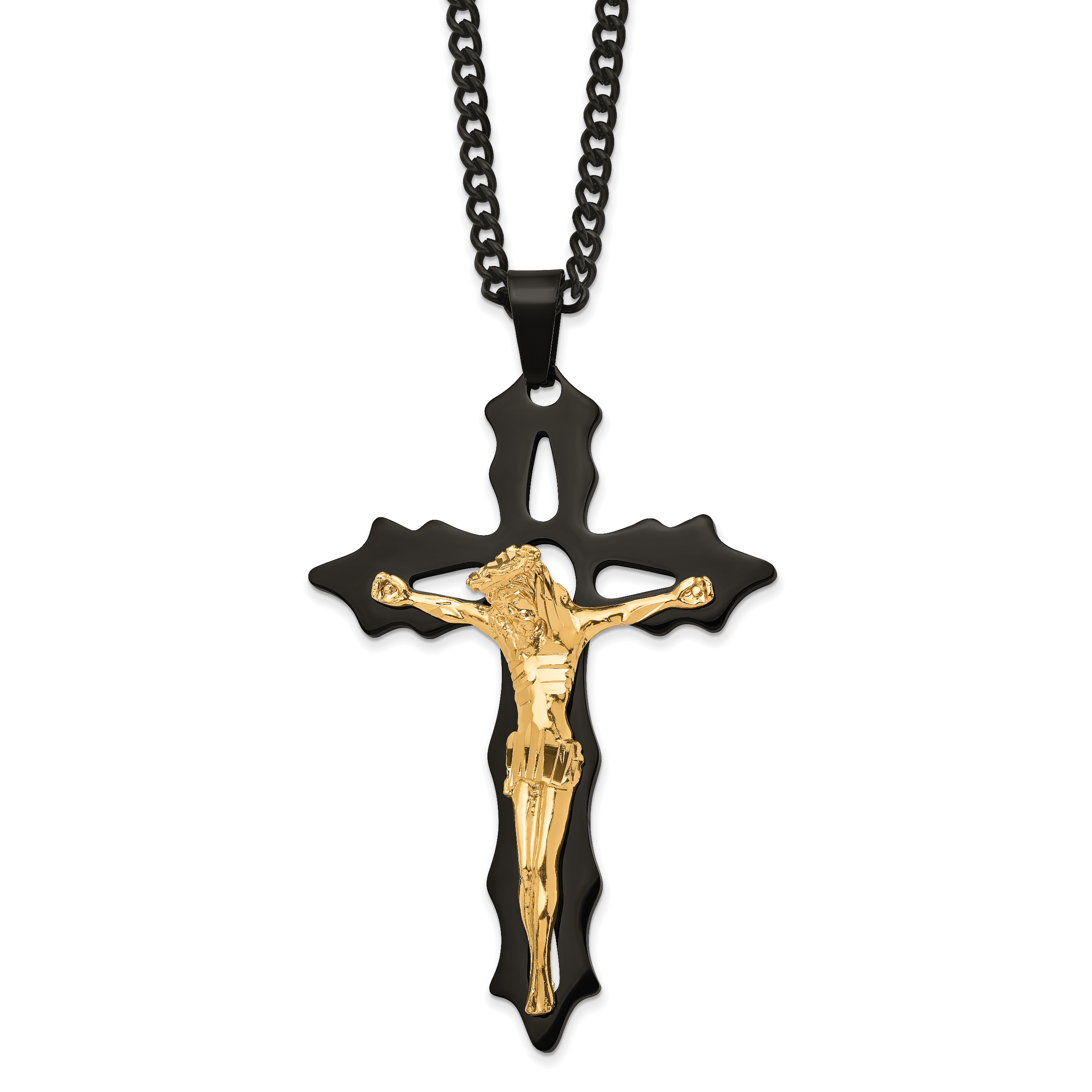 Chisel Stainless Steel Polished Black and Yellow IP-plated Cutout Crucifix Pendant on a 24 inch Curb Chain Necklace Main image