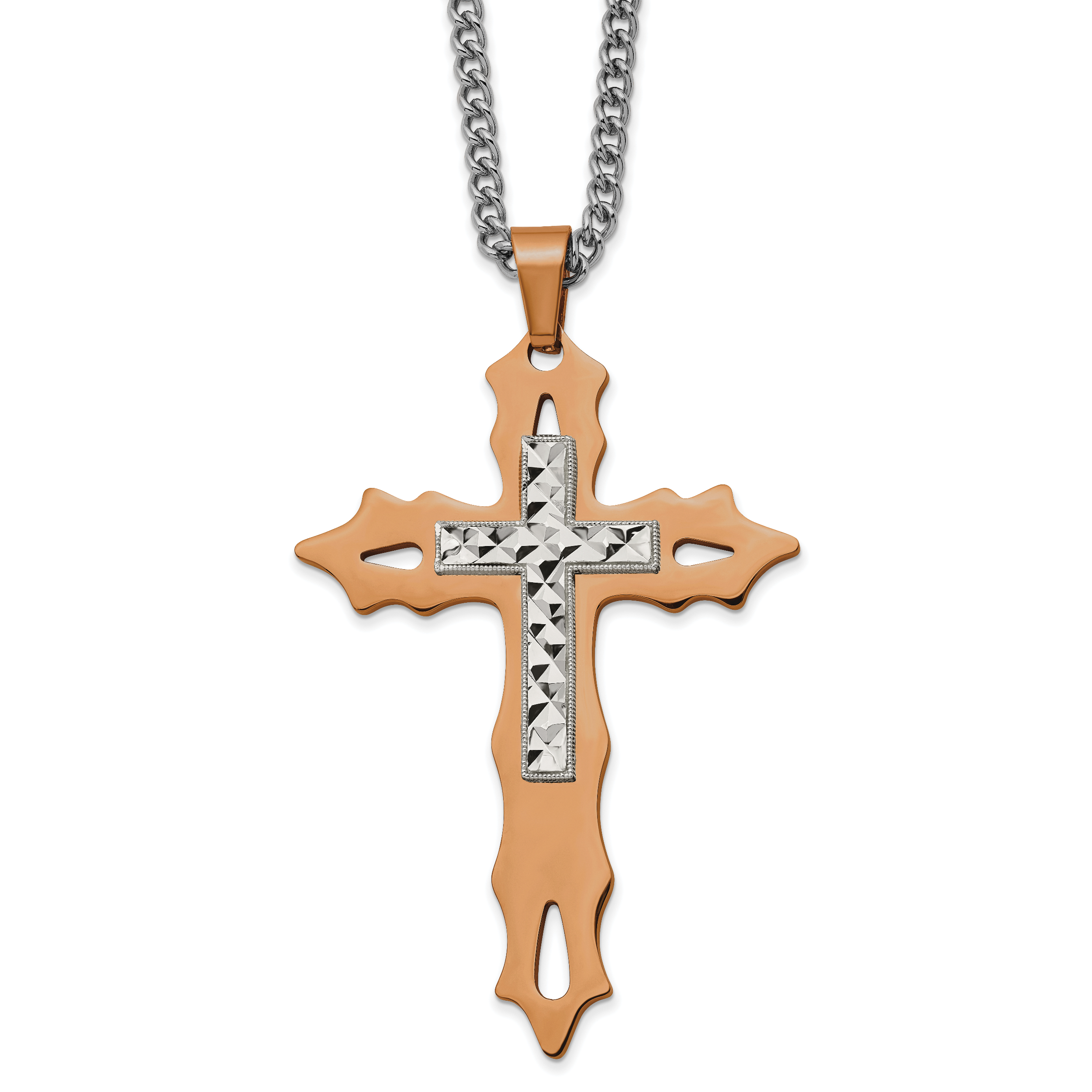 Chisel Stainless Steel Polished Brown IP-plated Diamond Cut Cross Pendant on a 24 inch Curb Chain Necklace Main image