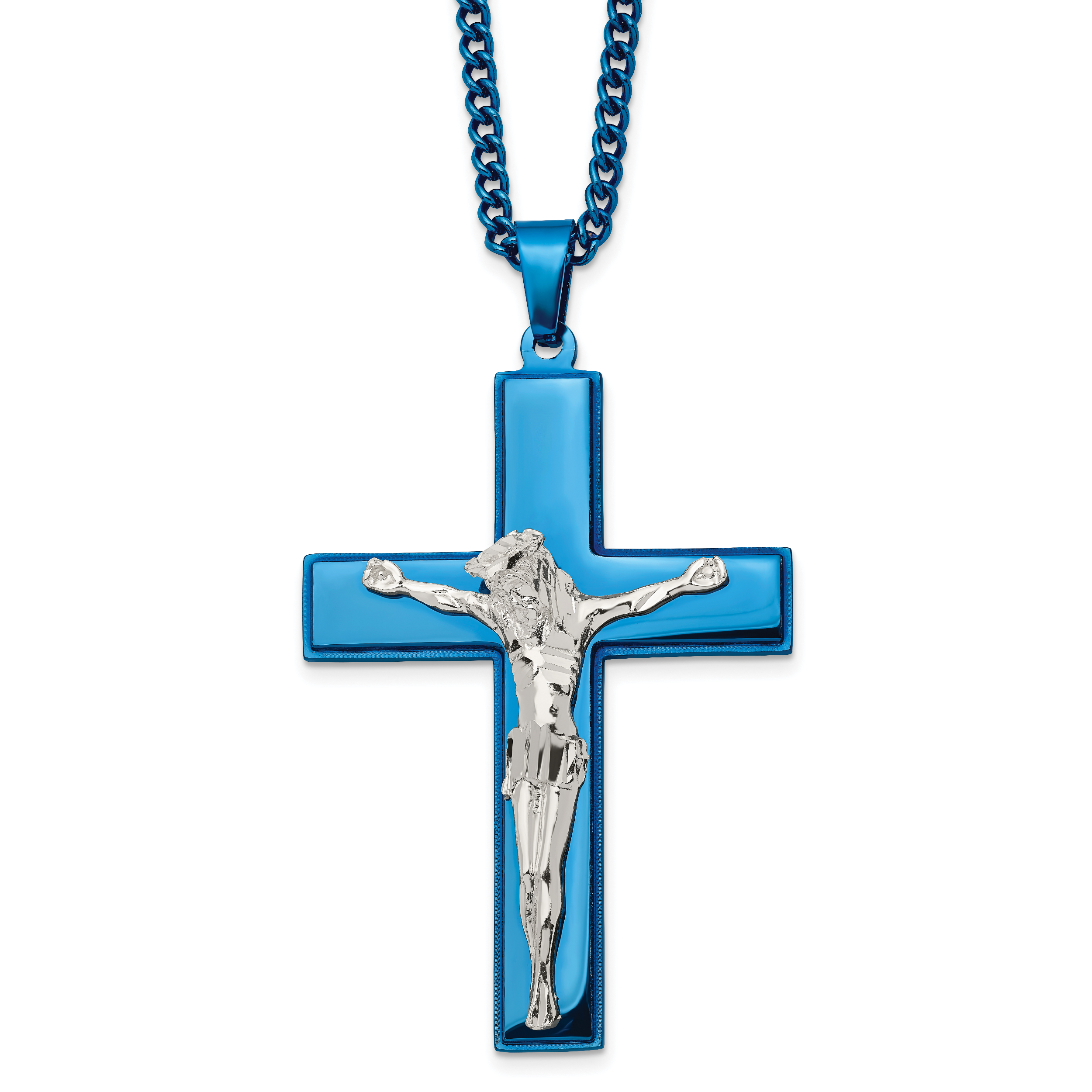 Chisel Stainless Steel Polished Blue IP-plated Crucifix Pendant on a 24 inch Curb Chain Necklace Main image