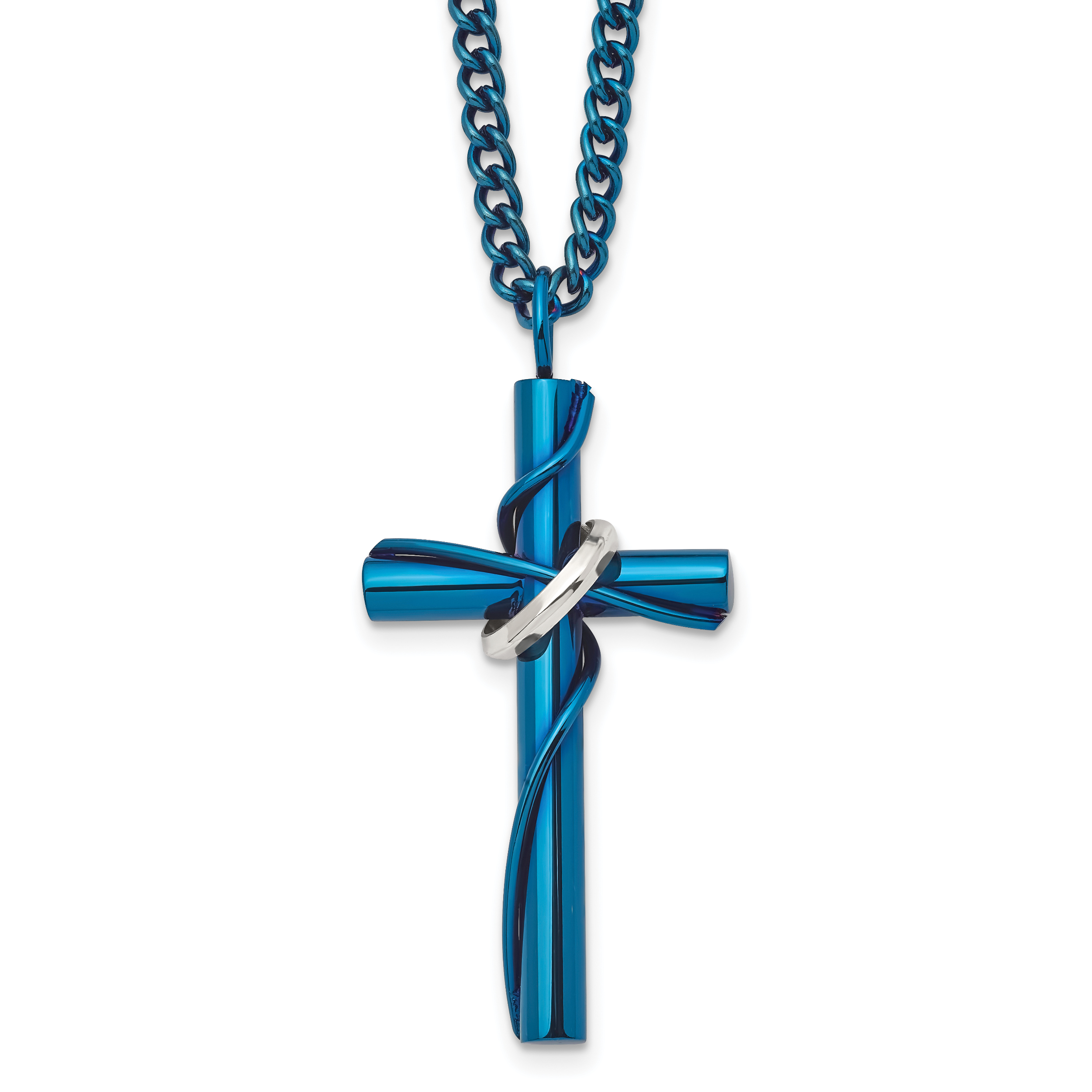 Chisel Stainless Steel Polished Blue IP-plated Cross with Moveable Ring Pendant on a 24 inch Curb Chain Necklace Main image