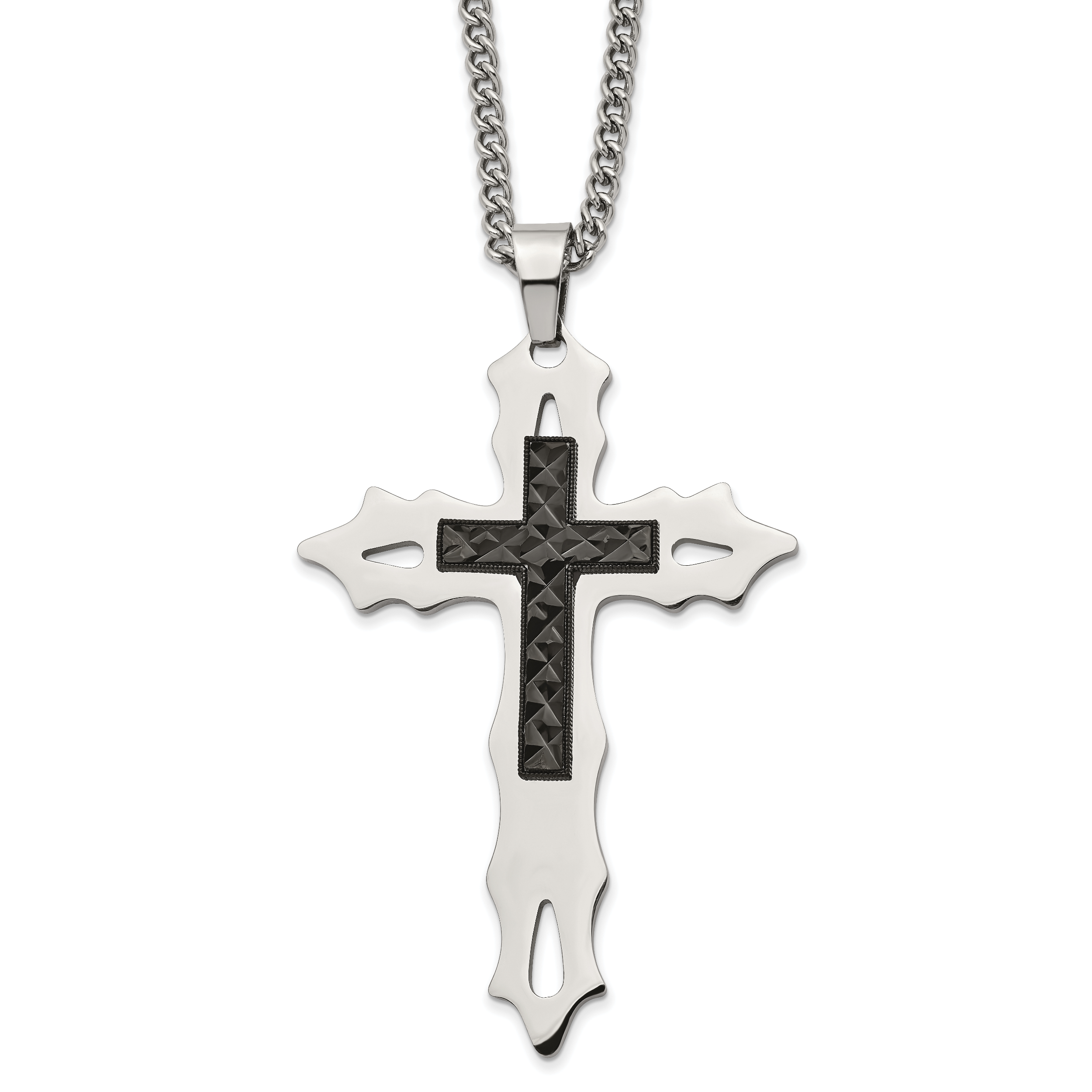 Chisel Stainless Steel Polished Diamond Cut Black IP-plated Cross Pendant on a 24 inch Curb Chain Necklace Main image