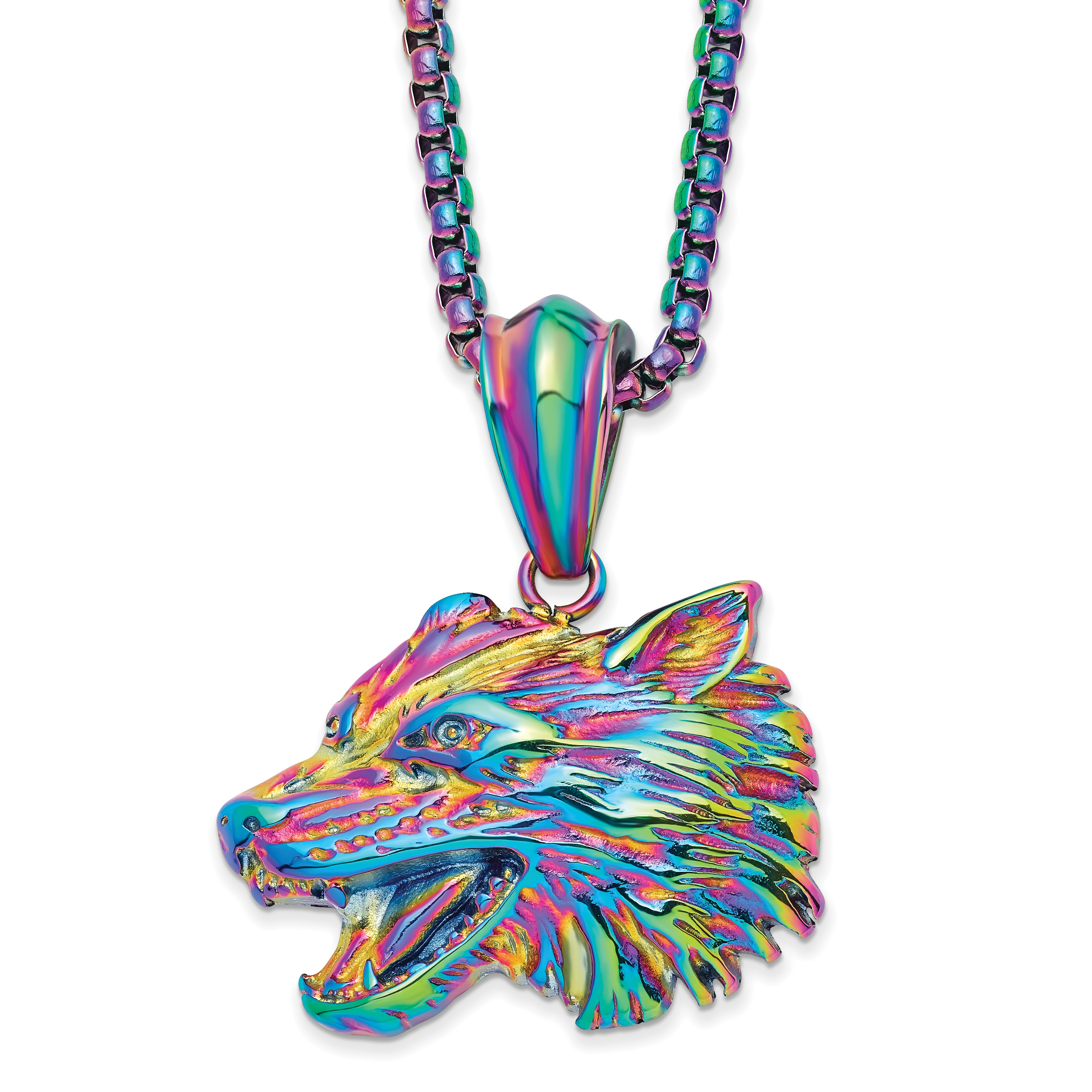 Chisel Stainless Steel Polished Rainbow IP-plated Wolf Head Pendant on a 24 inch Box Chain Necklace Main image