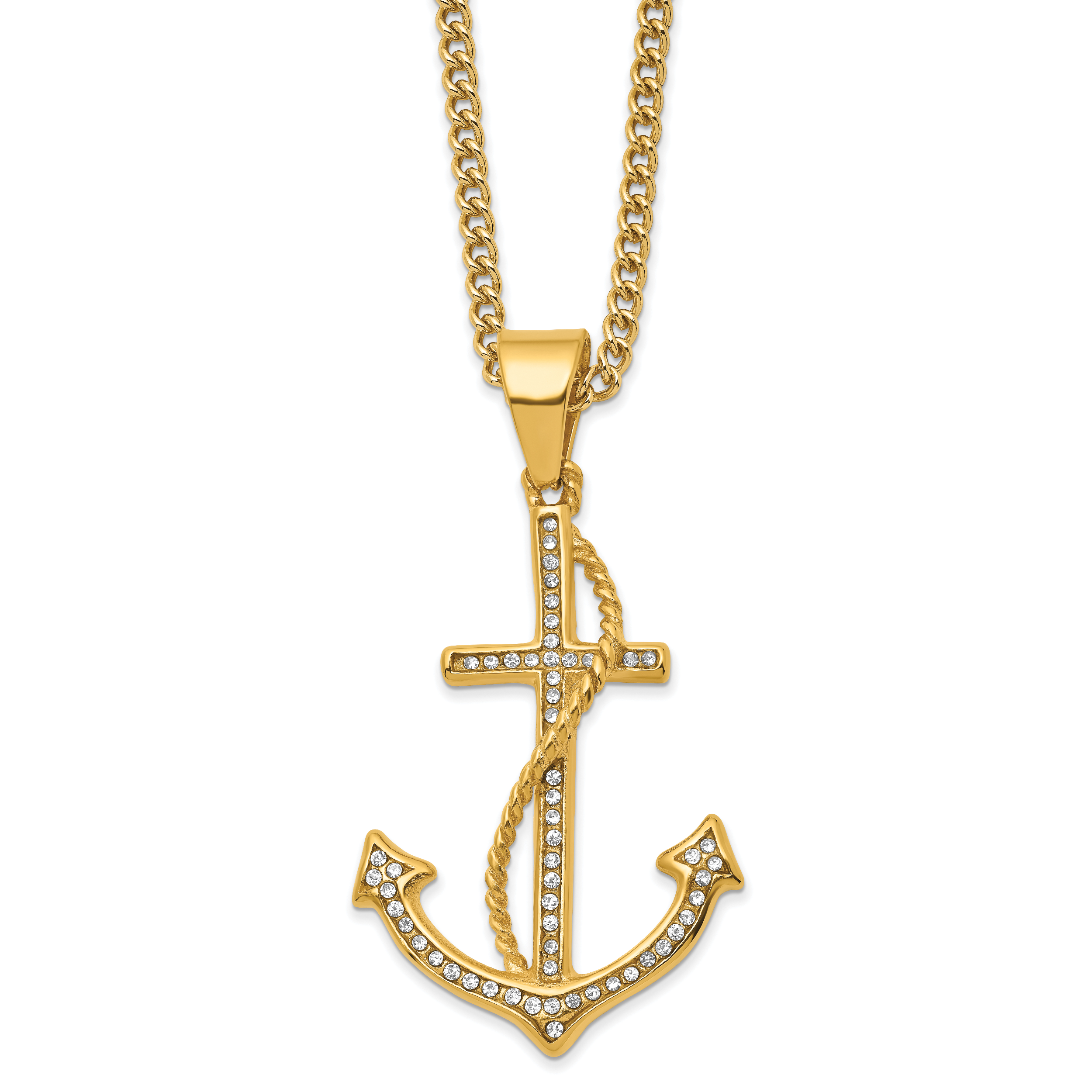 Chisel Stainless Steel Polished Yellow IP-plated with Crystal Anchor Pendant on a 24 inch Curb Chain Necklace Main image