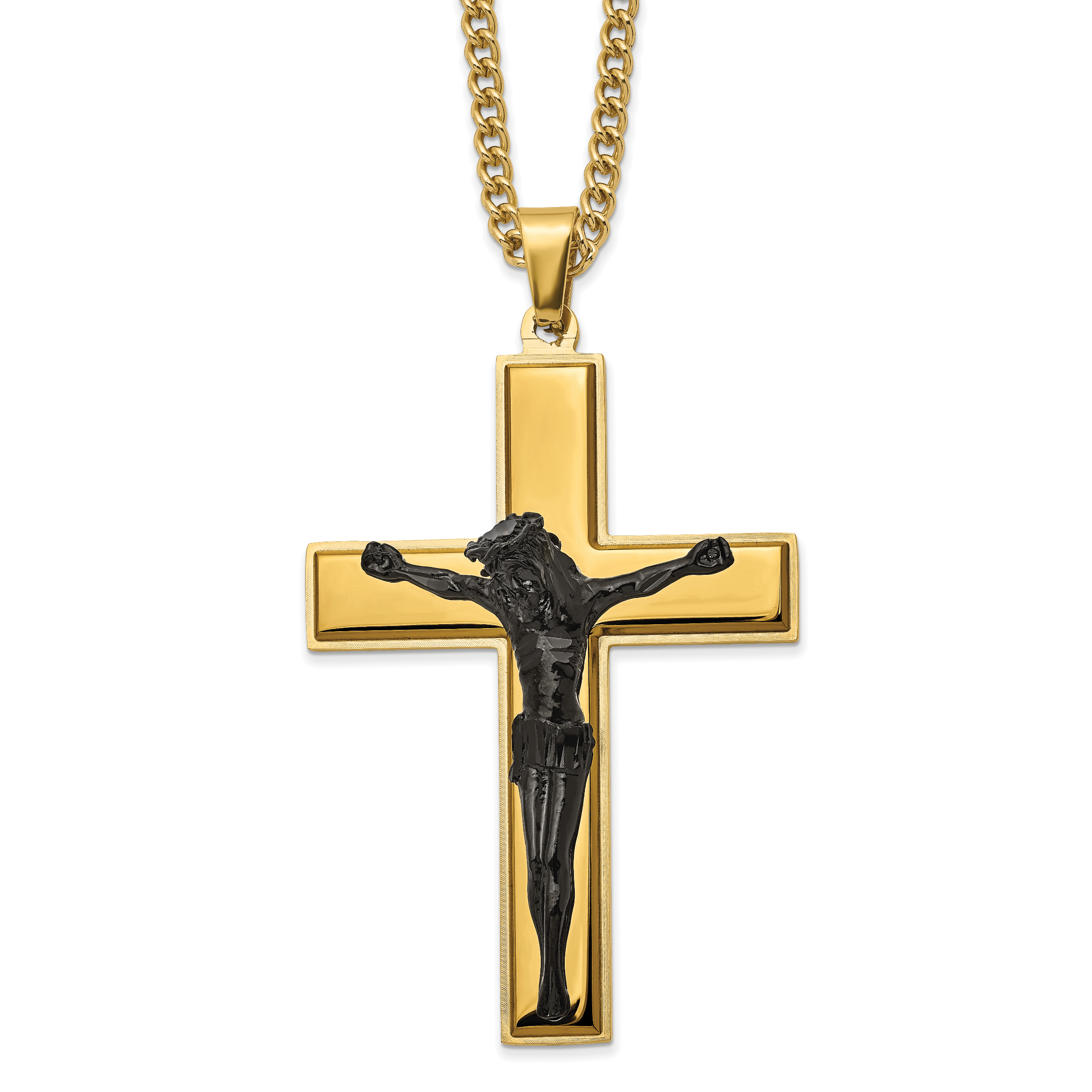 Chisel Stainless Steel Polished Black and Yellow IP-plated Crucifix Pendant on a 24 inch Curb Chain Necklace Main image