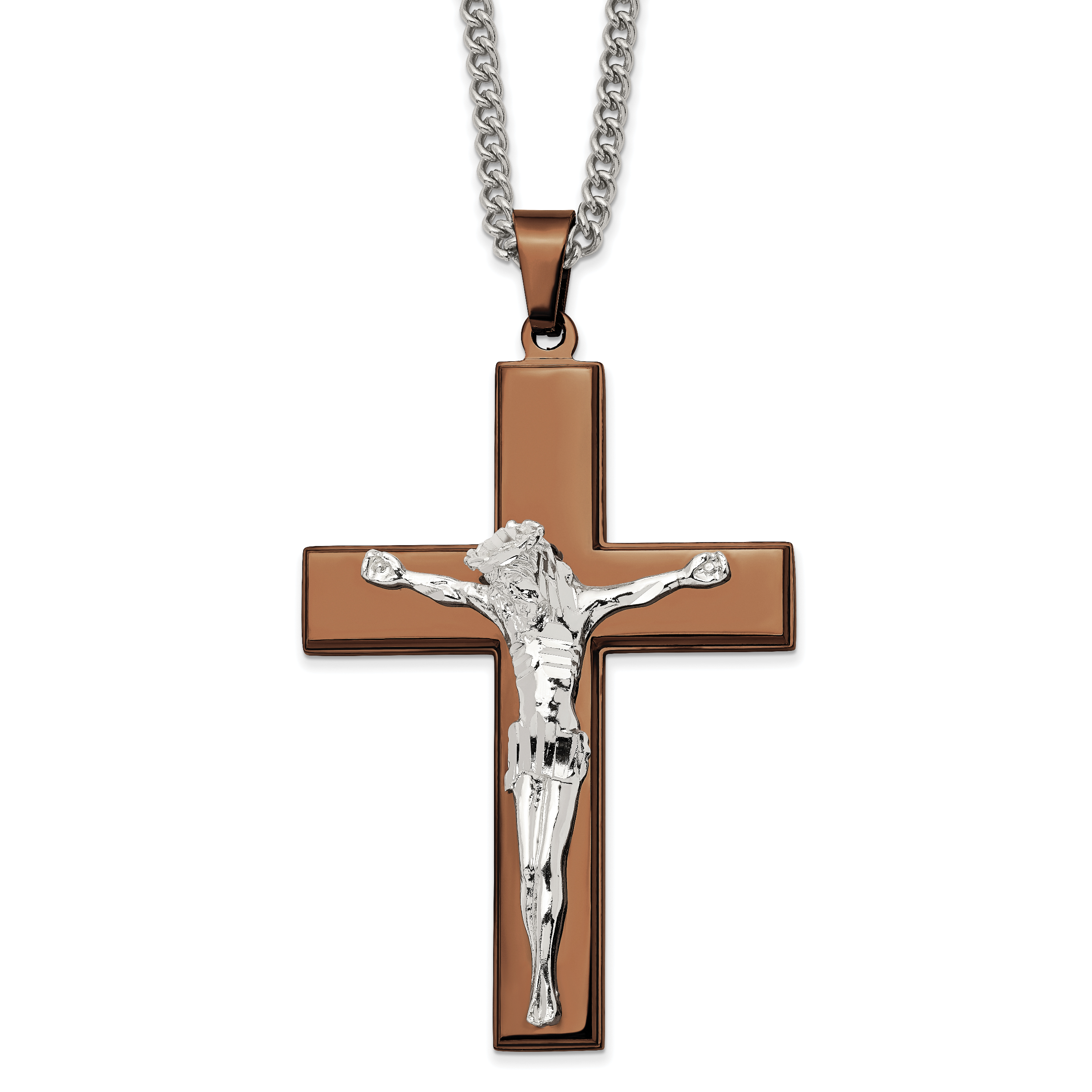 Chisel Stainless Steel Polished Brown IP-plated Crucifix Pendant on a 24 inch Curb Chain Necklace Main image