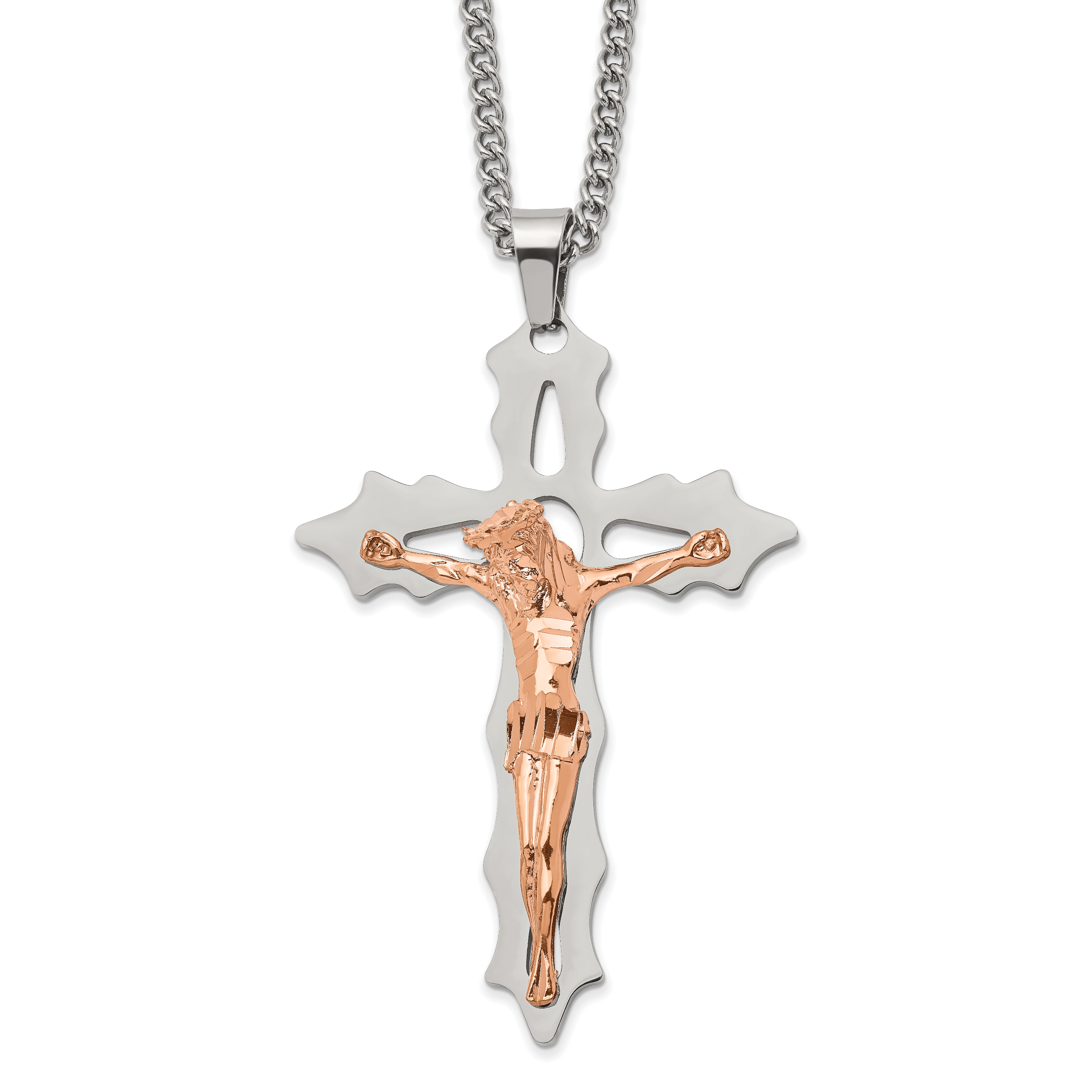 Chisel Stainless Steel Polished Rose IP-plated Cutout Crucifix Pendant on a 24 inch Curb Chain Necklace Main image