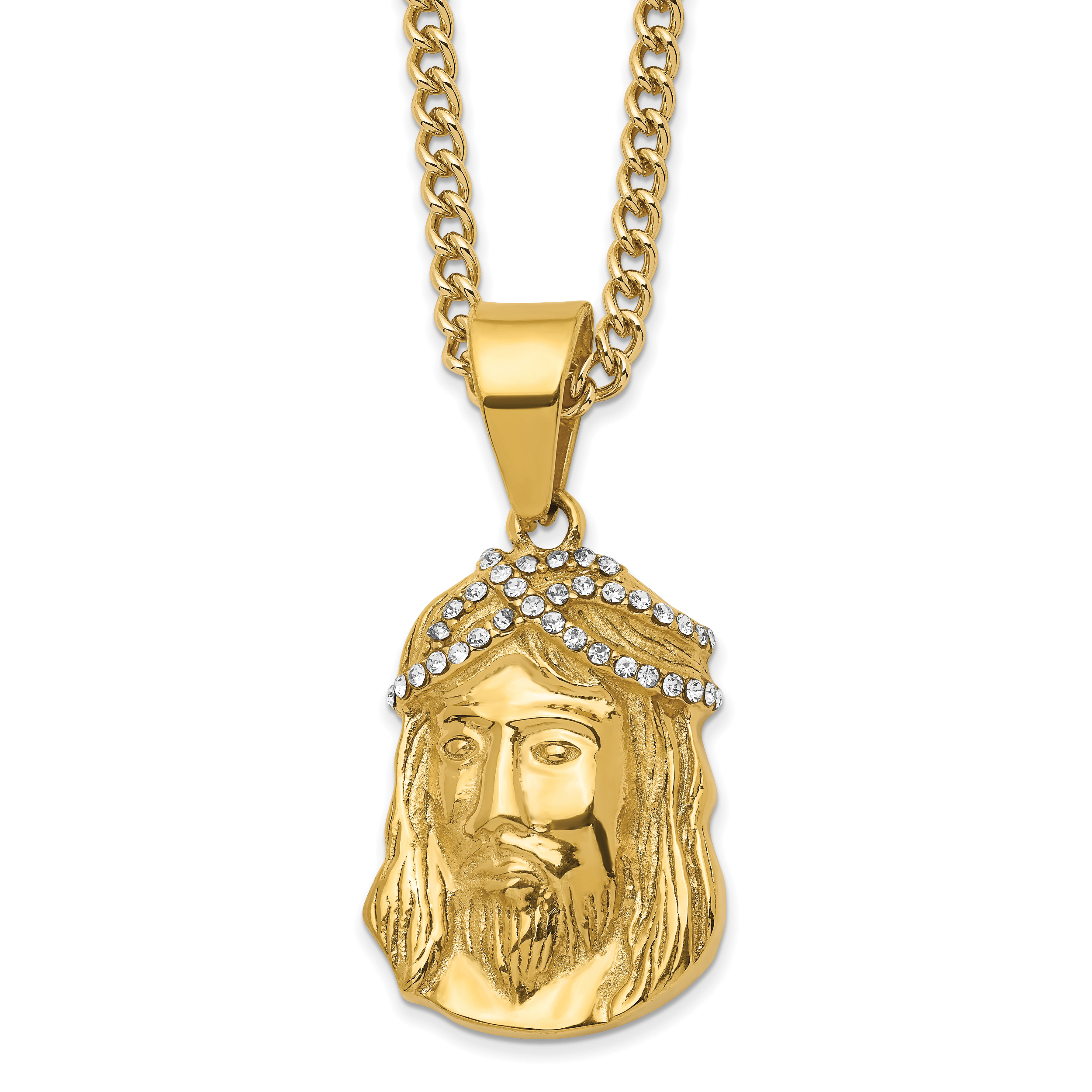 Chisel Stainless Steel Polished Yellow IP-plated with Crystal Jesus Pendant on a 24 inch Curb Chain Necklace Main image