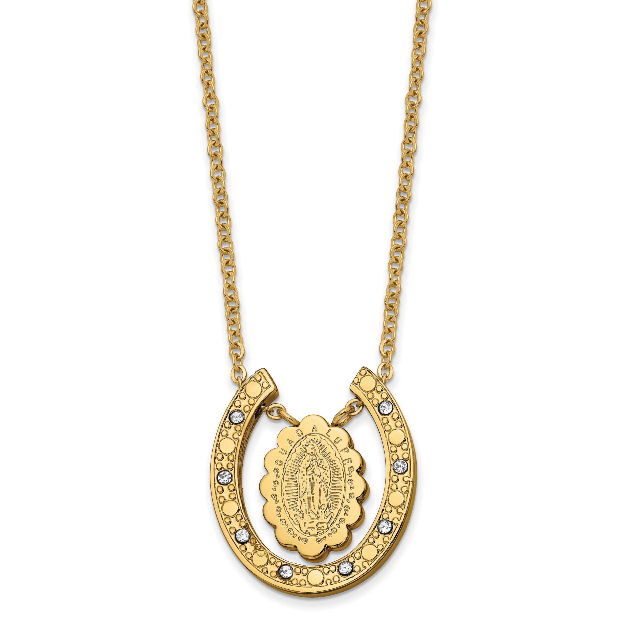 Chisel Stainless Steel Polished Yellow IP-plated with Crystal Our Lady of Guadalupe Horseshoe on a 18 inch Cable Chain Necklace Main image