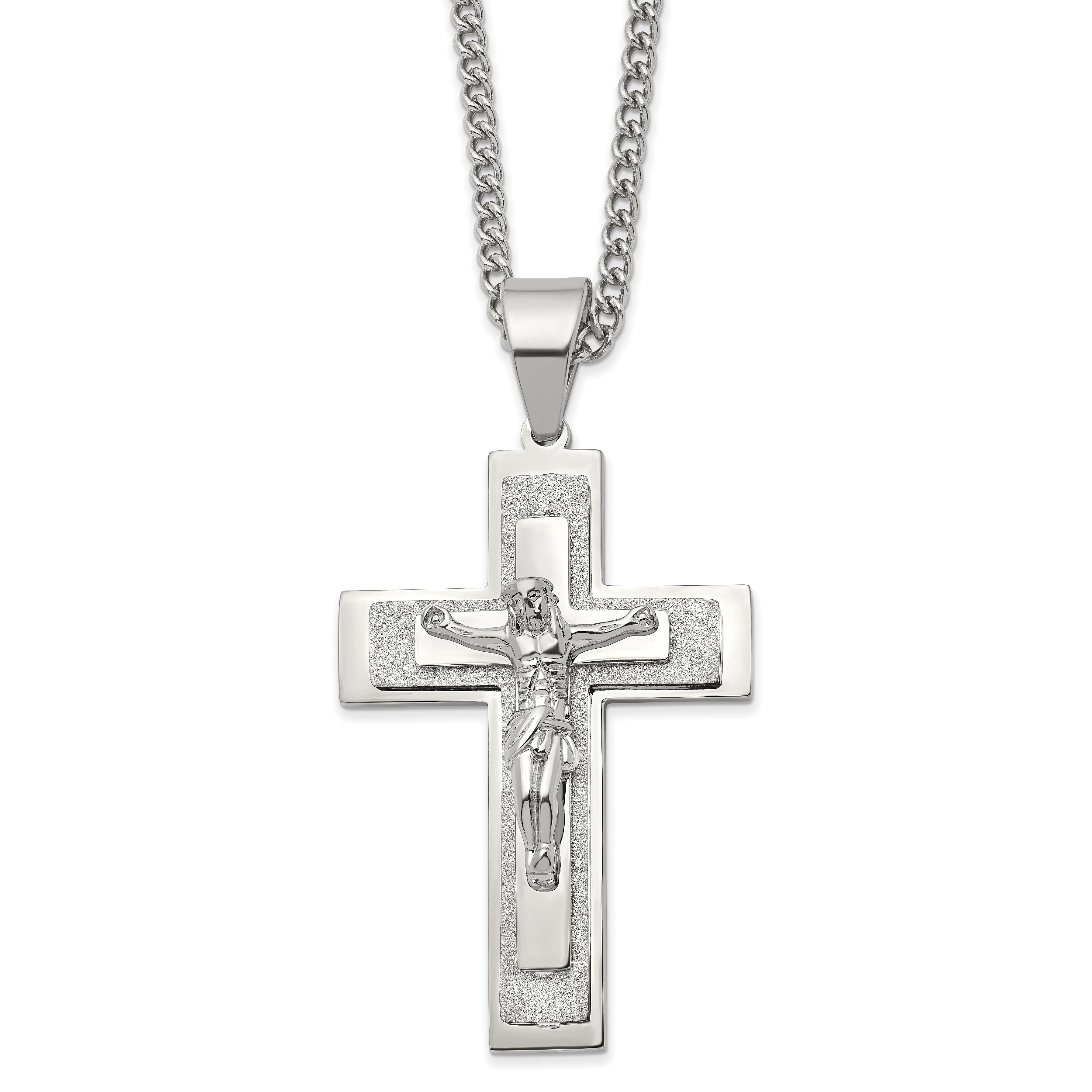 Chisel Stainless Steel Polished Laser-cut Crucifix Pendant on a 24 inch Curb Chain Necklace Main image