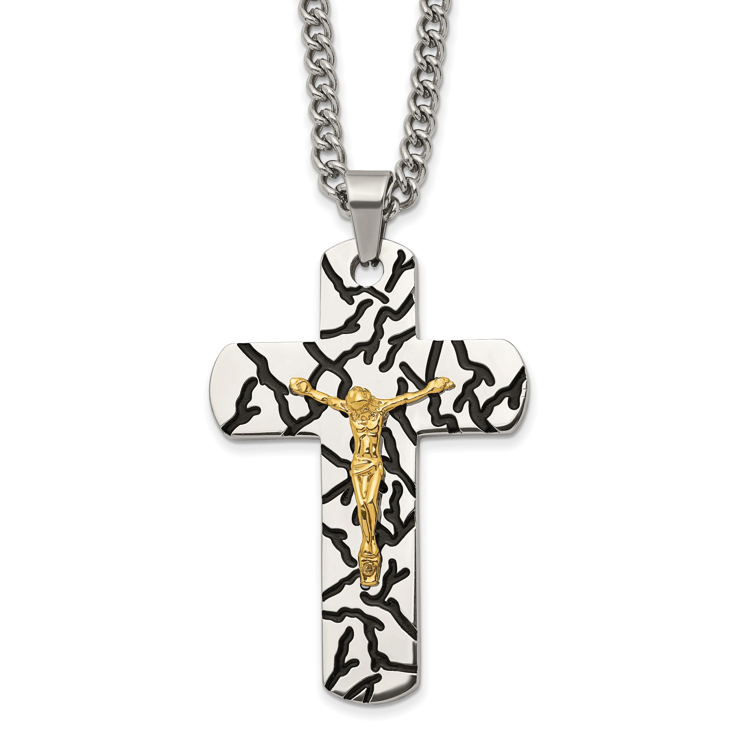 Stainless Steel Polished Yellow IP-plated w/Enamel Crucifix 24in Necklace Main image