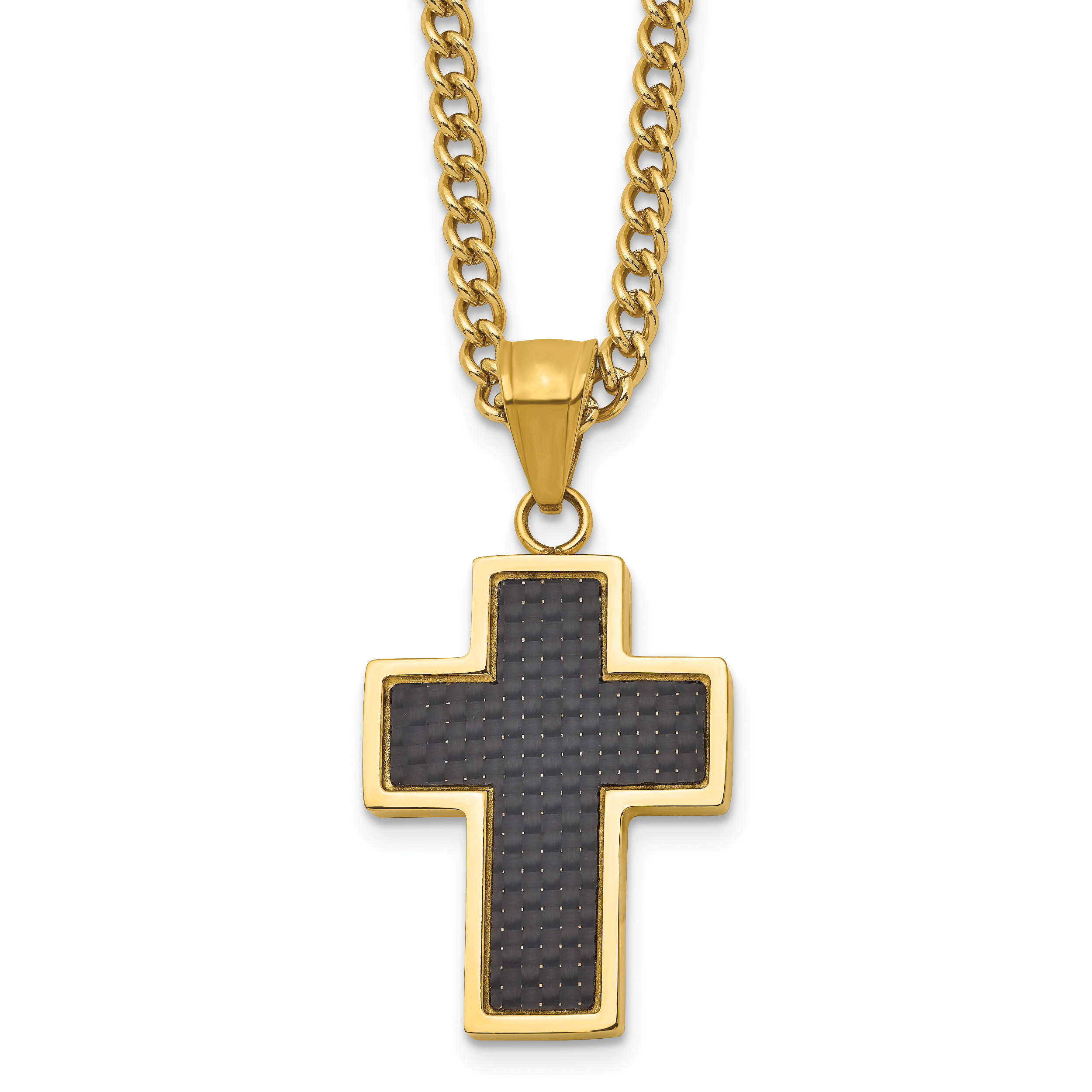 Chisel Stainless Steel Polished Yellow IP-plated with Black Carbon Fiber Inlay Cross Pendant on a 24 inch Curb Chain Necklace