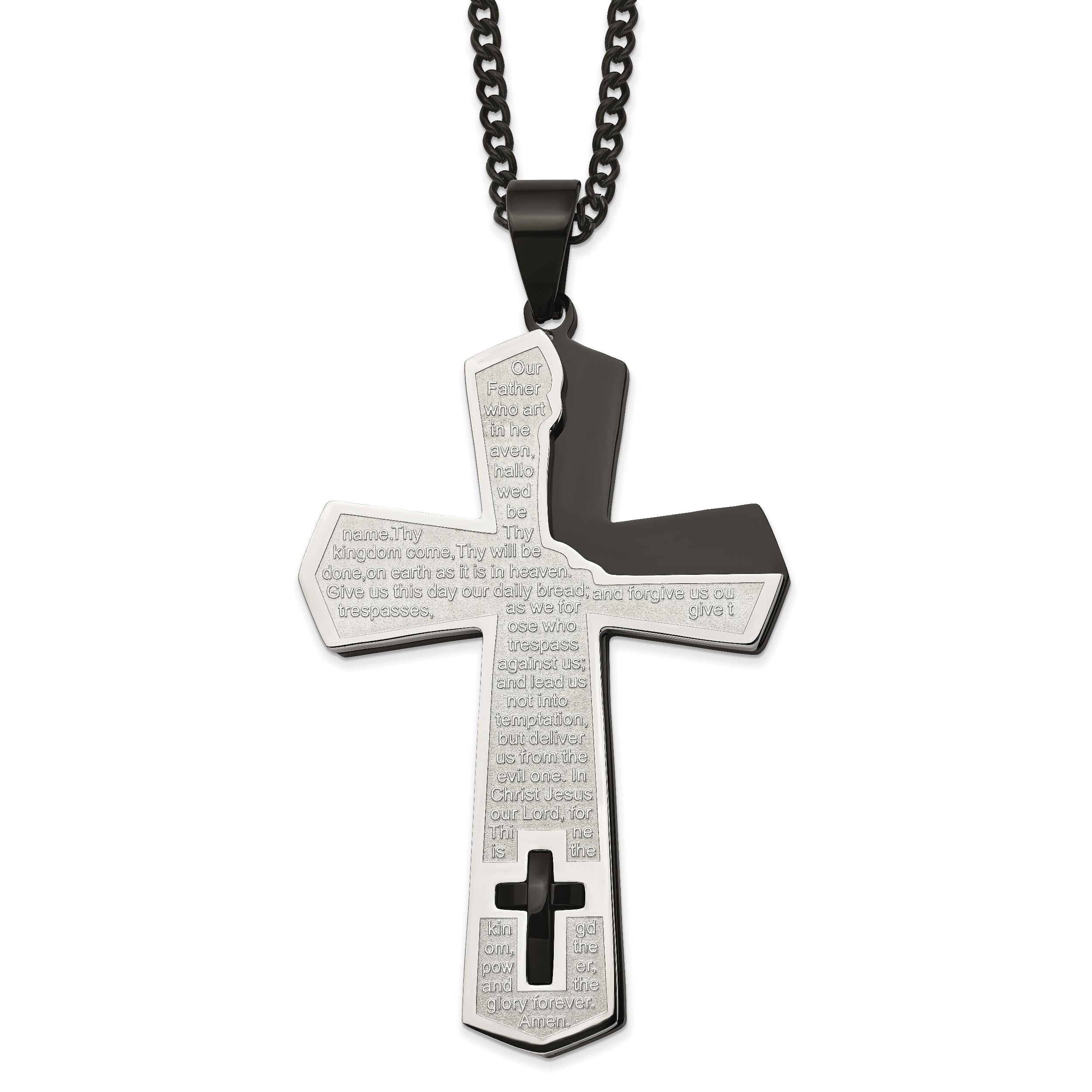 Chisel Stainless Steel Polished Black IP-plated Lord's Prayer Cross Pendant on a 24 inch Curb Chain Necklace