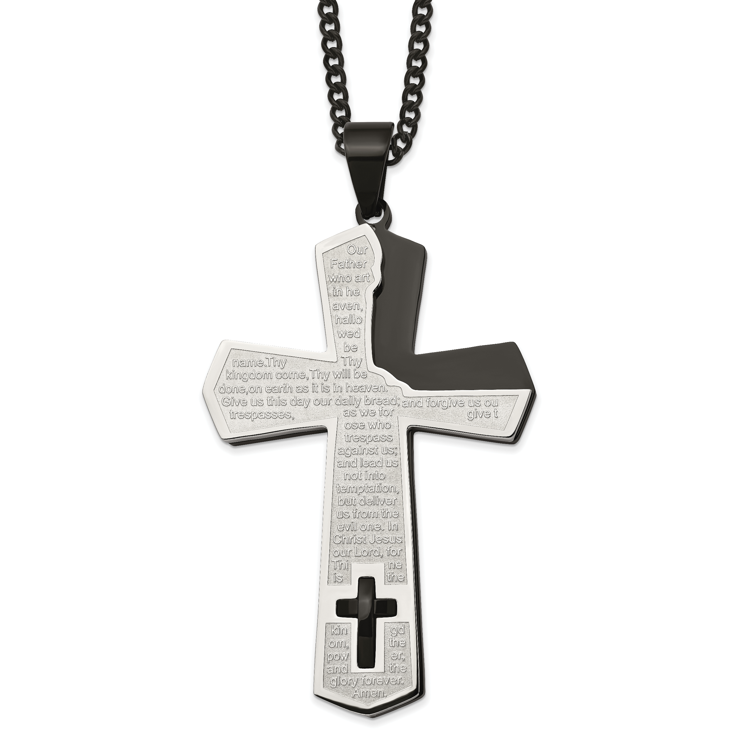Chisel Stainless Steel Polished Black IP-plated Lord's Prayer Cross Pendant on a 24 inch Curb Chain Necklace