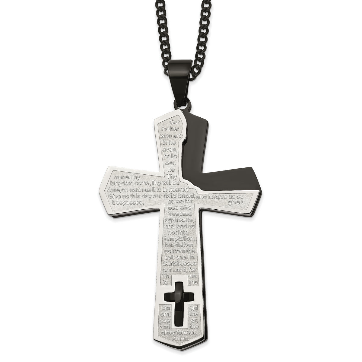 Chisel Stainless Steel Polished Black IP-plated Lord's Prayer Cross Pendant on a 24 inch Curb Chain Necklace